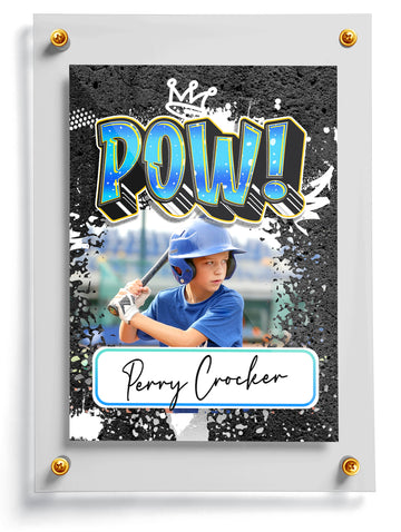 Graffiti style trading card template named Crown with a child playing baseball, 'POW!' graphic, and name 'Perry Crocker'.