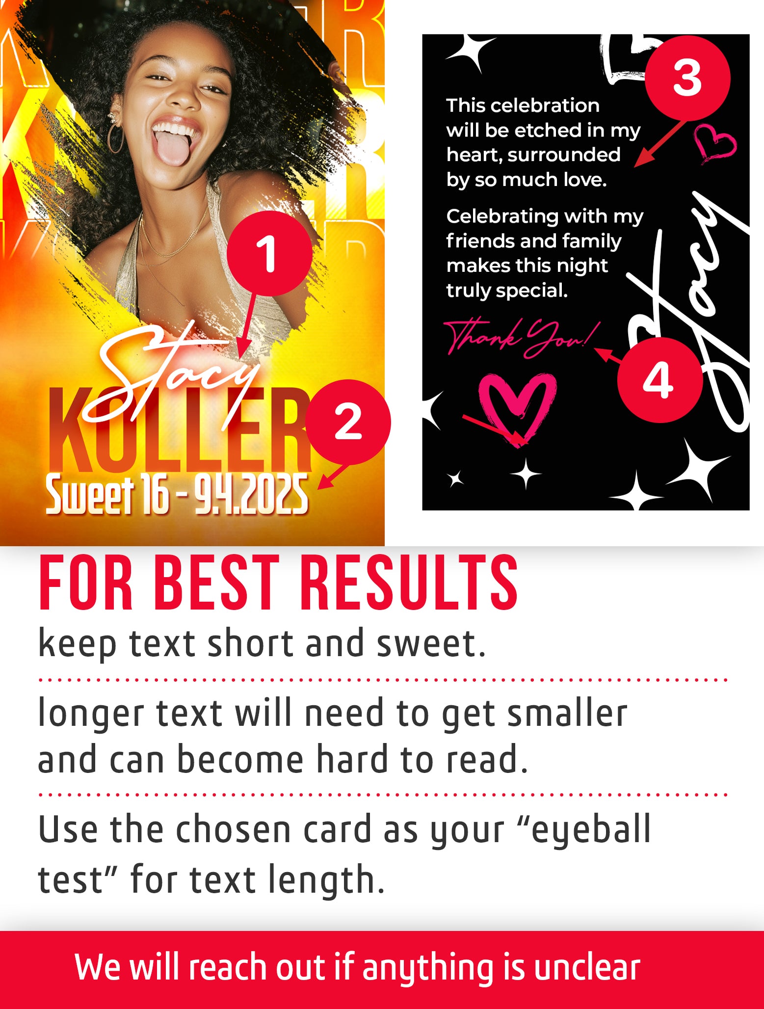 Dance trading card template for a Sweet 16 celebration with text and a person in the corner.