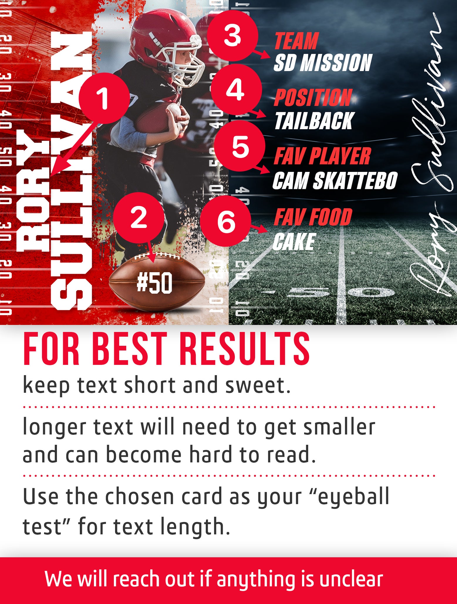 Kids football trading card template named Dash with personalization instructions.