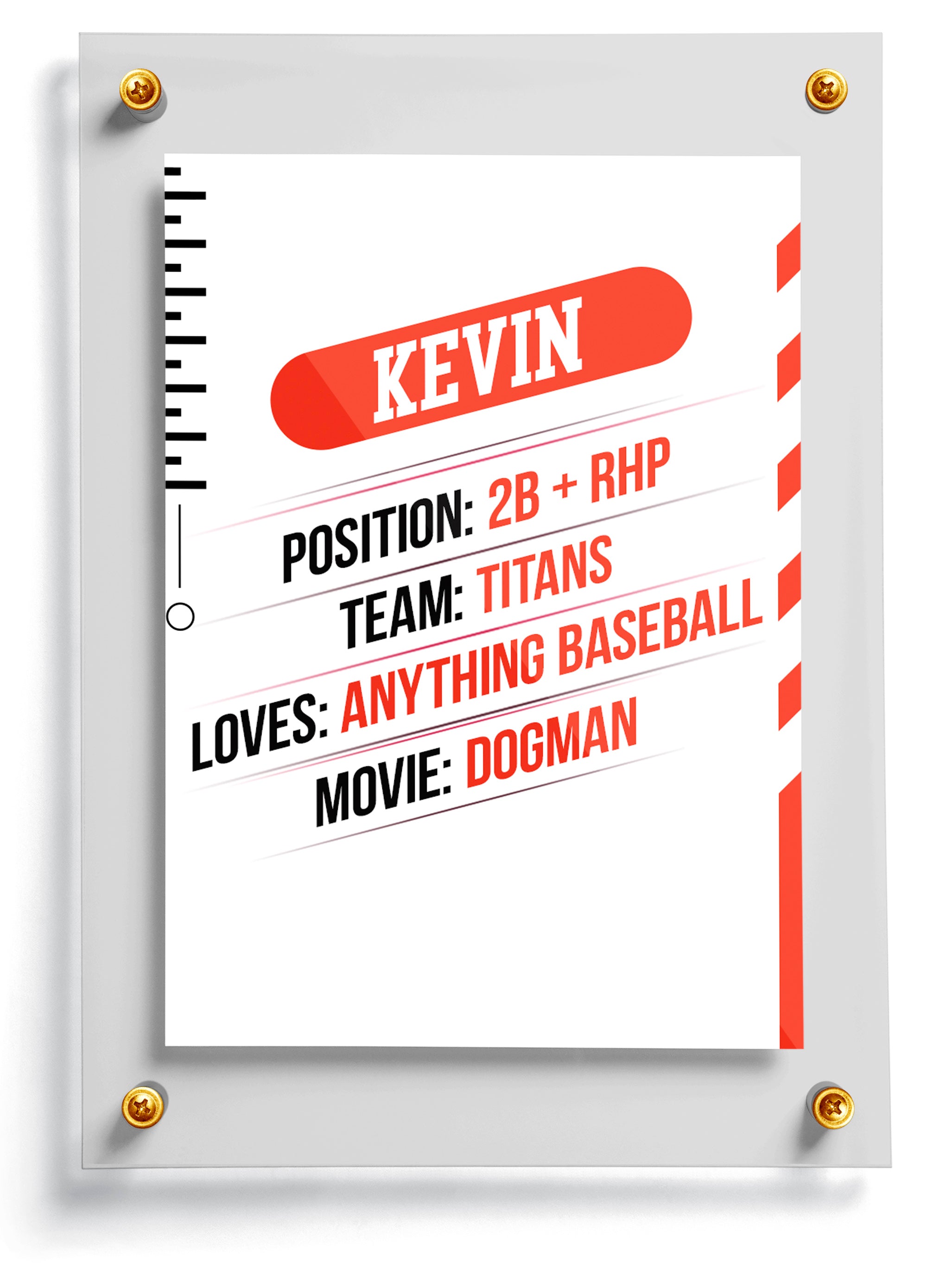Rookie baseball card template named Dinger with personalized information about a person named Kevin on a white background.