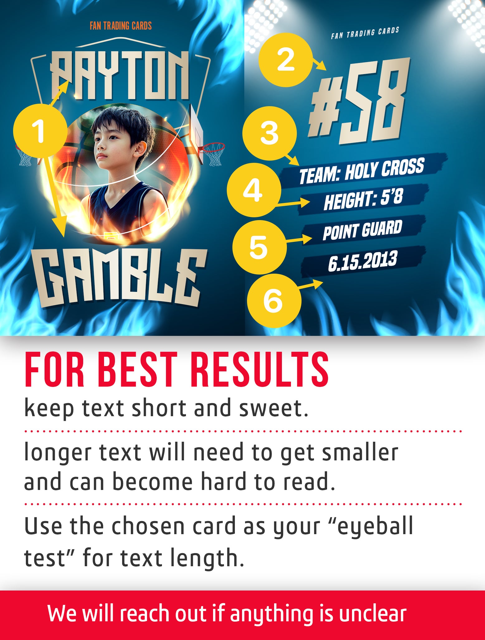 Youth basketball trading card template named Draft Pick with personalization instructions. 