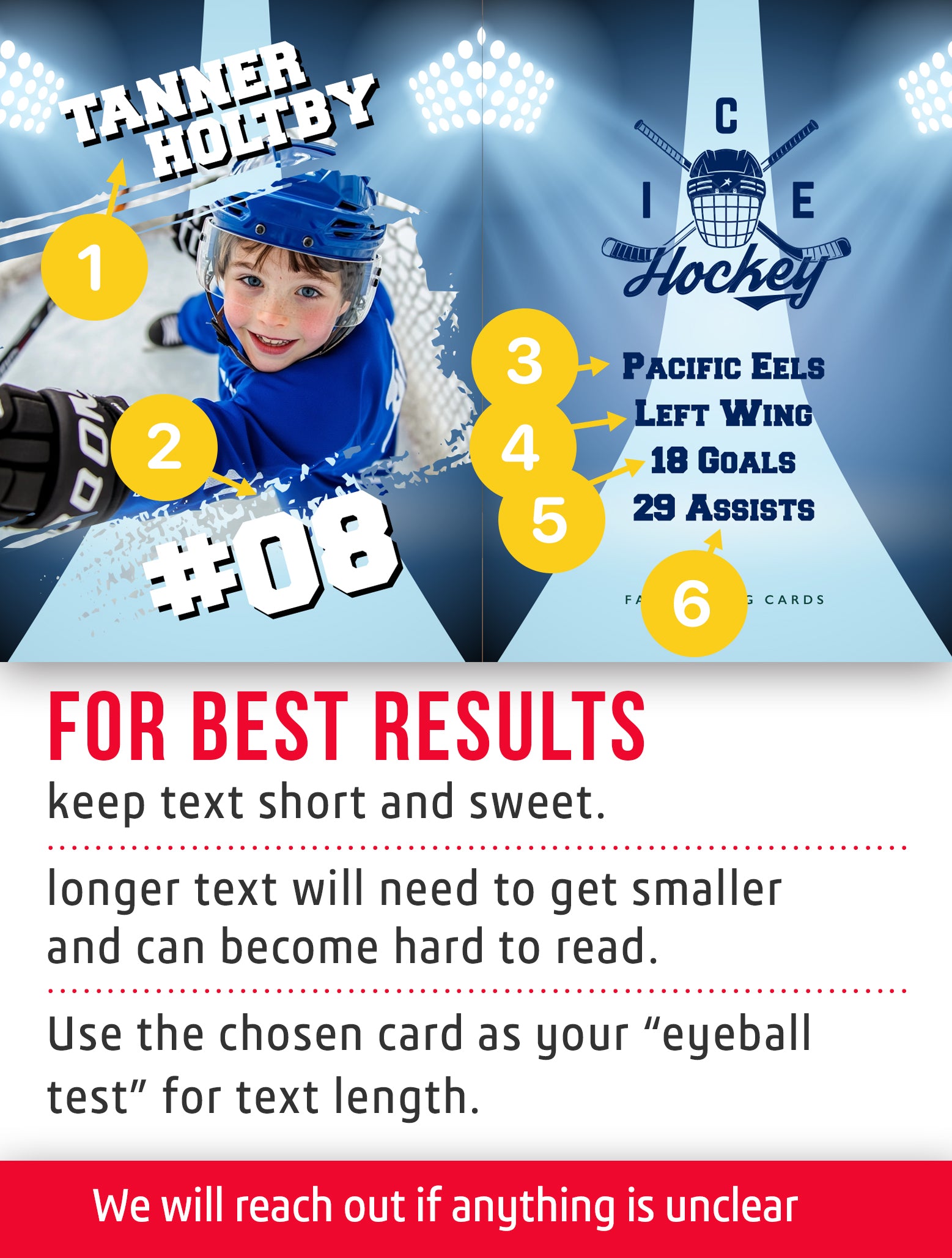 Youth hockey card template named Edges with customization instructions. 