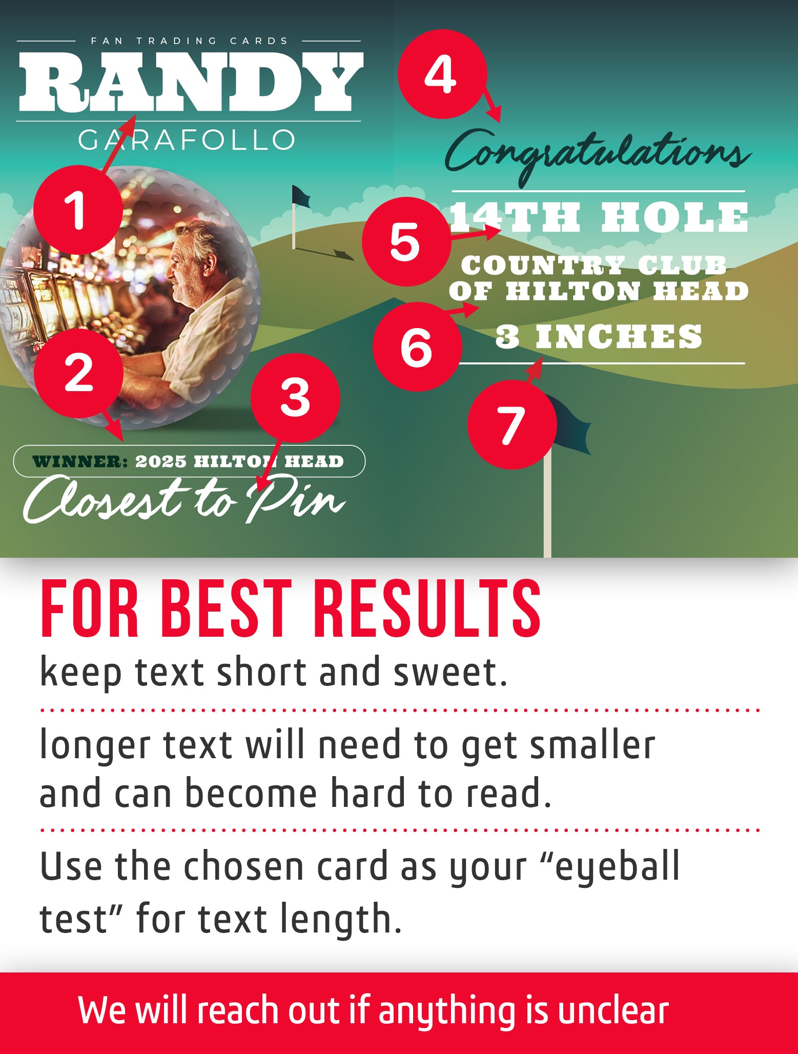 Golf trading card template named Finally with customization instructions. 
