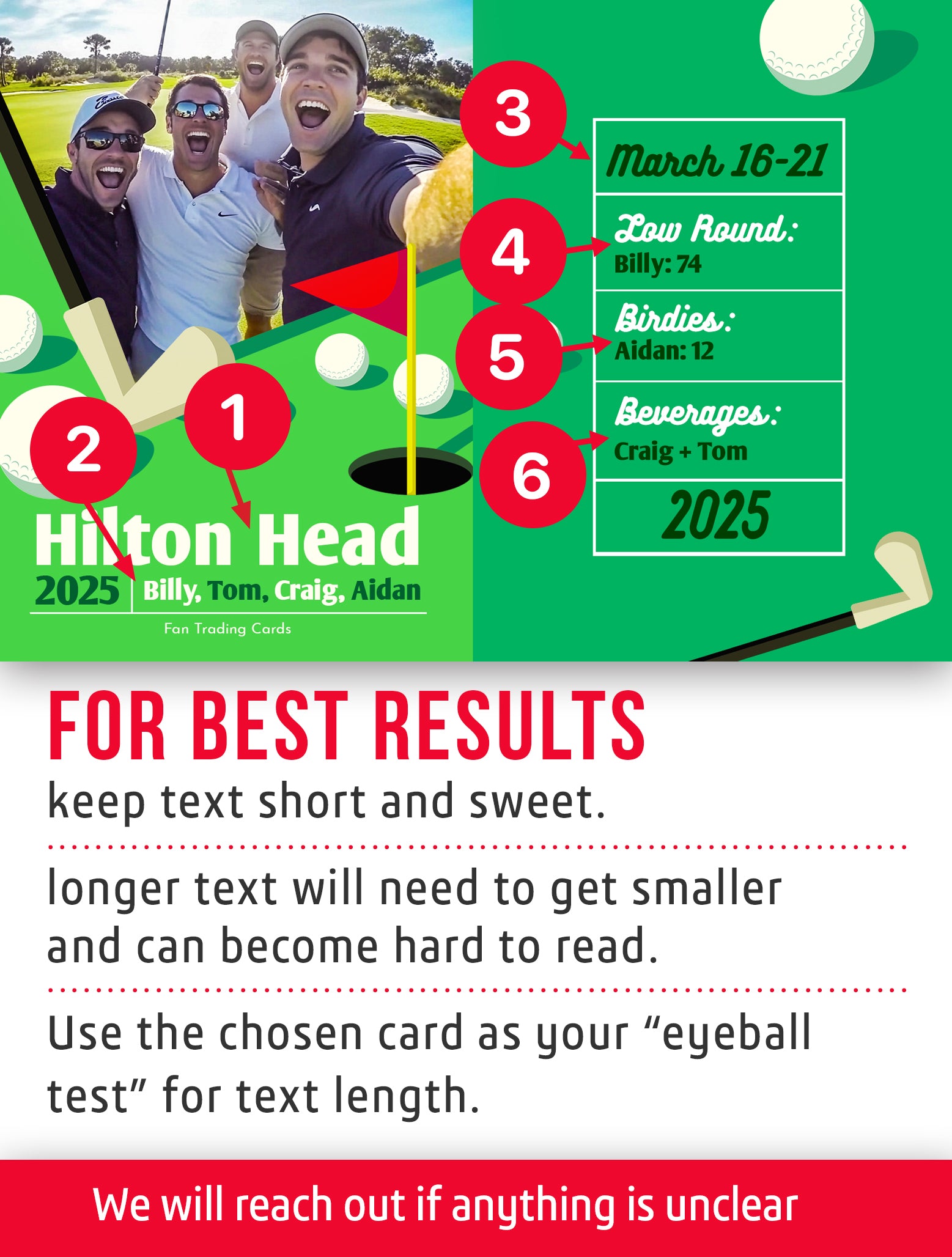 Golf trading card named Four with customization instructions. 