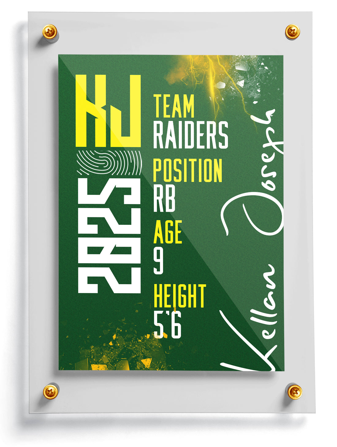 Personalized sports trading card template named Game On with a child's photo and name on a green field background