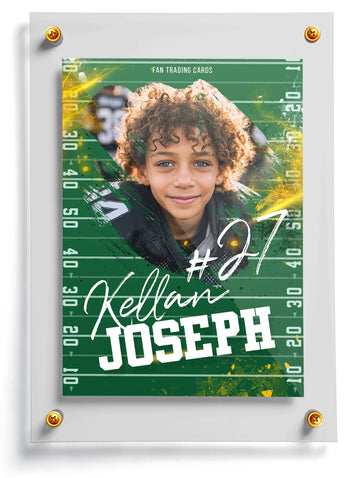 Personalized sports trading card template named Game On with a child's photo and name on a green field background