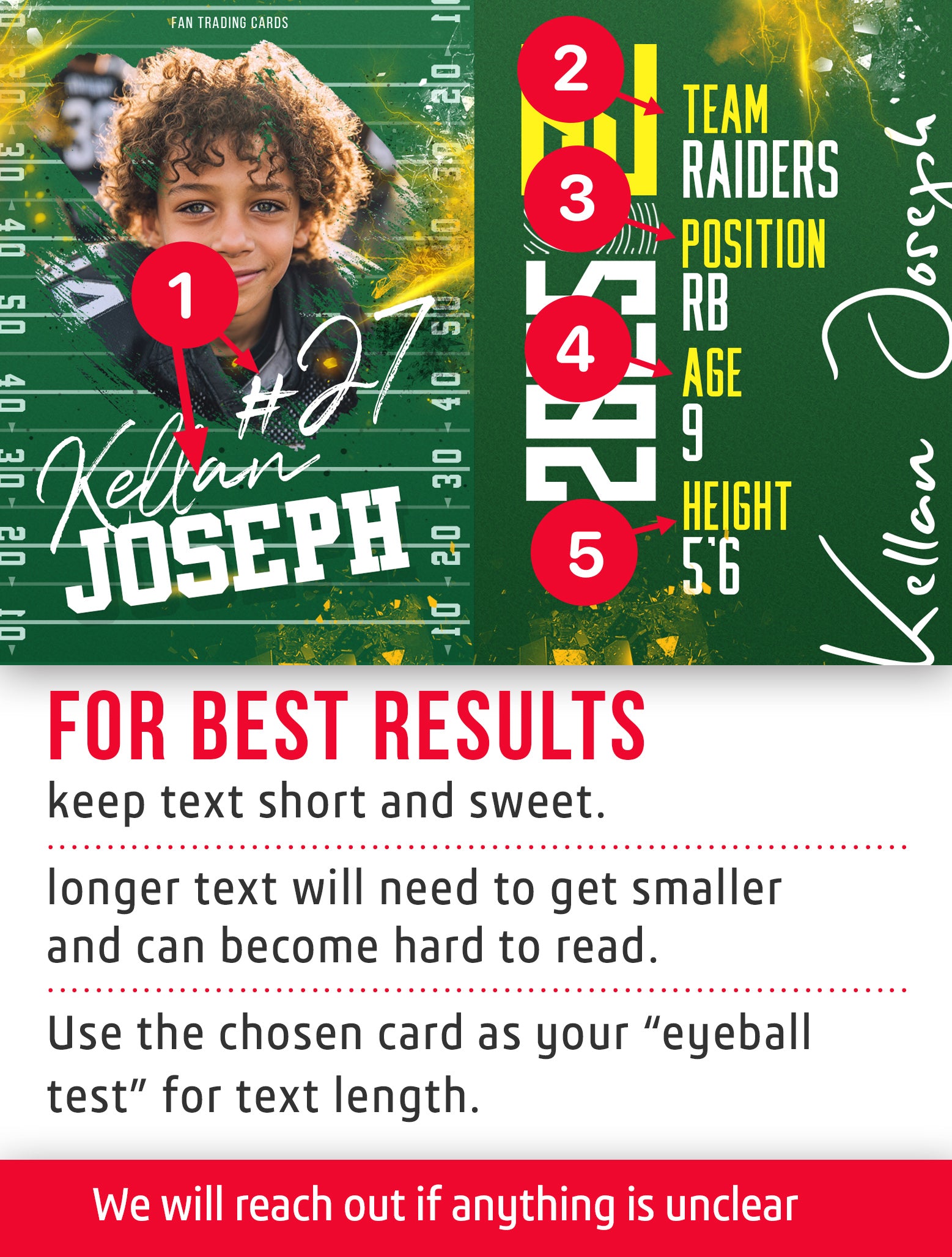 Youth football trading card template named Game On of a young football player with text and graphics on a green background