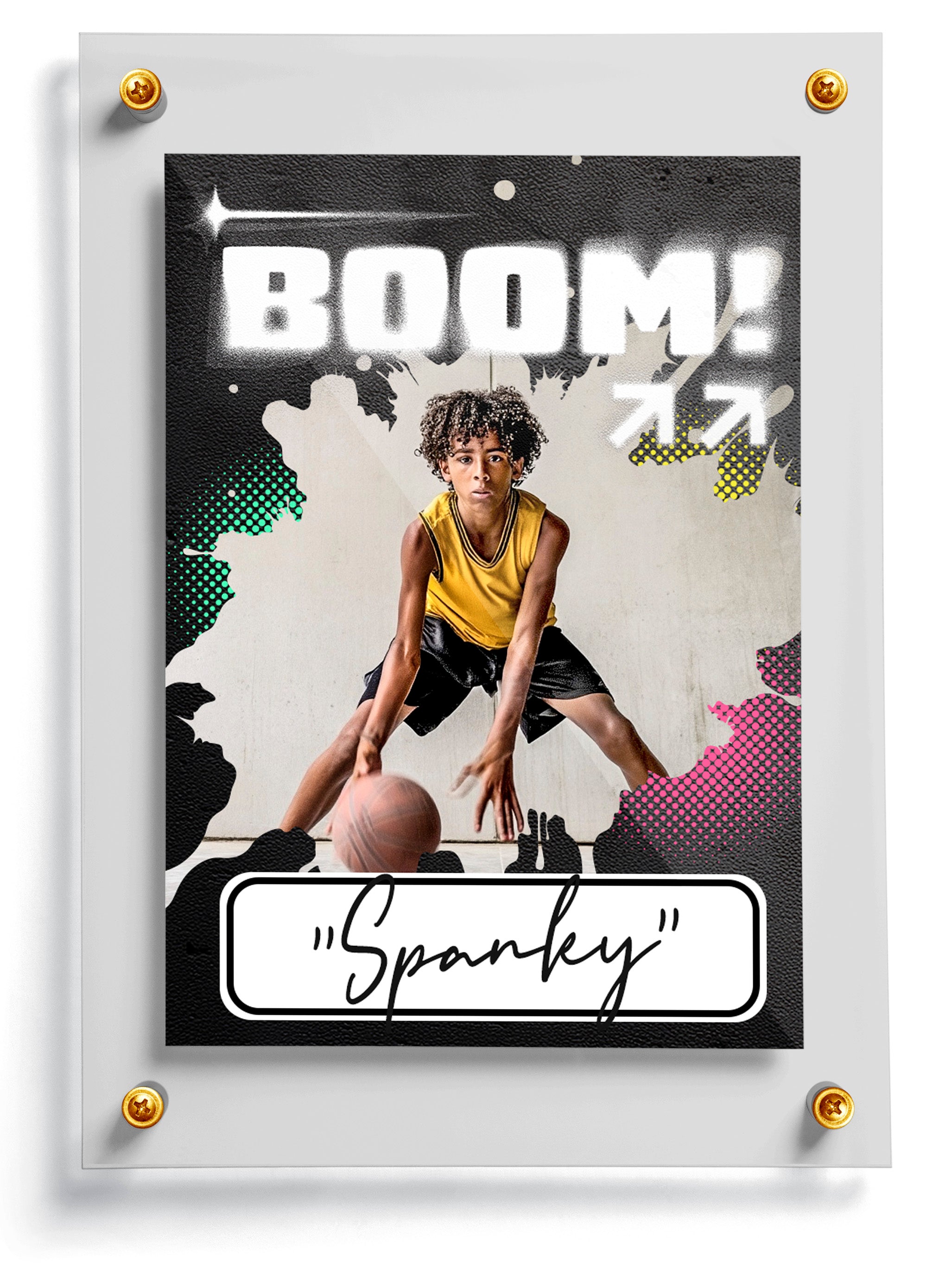 Graffiti styled rookie trading card template named Glide with a child holding a basketball, labeled 'Spanky', on a white background.