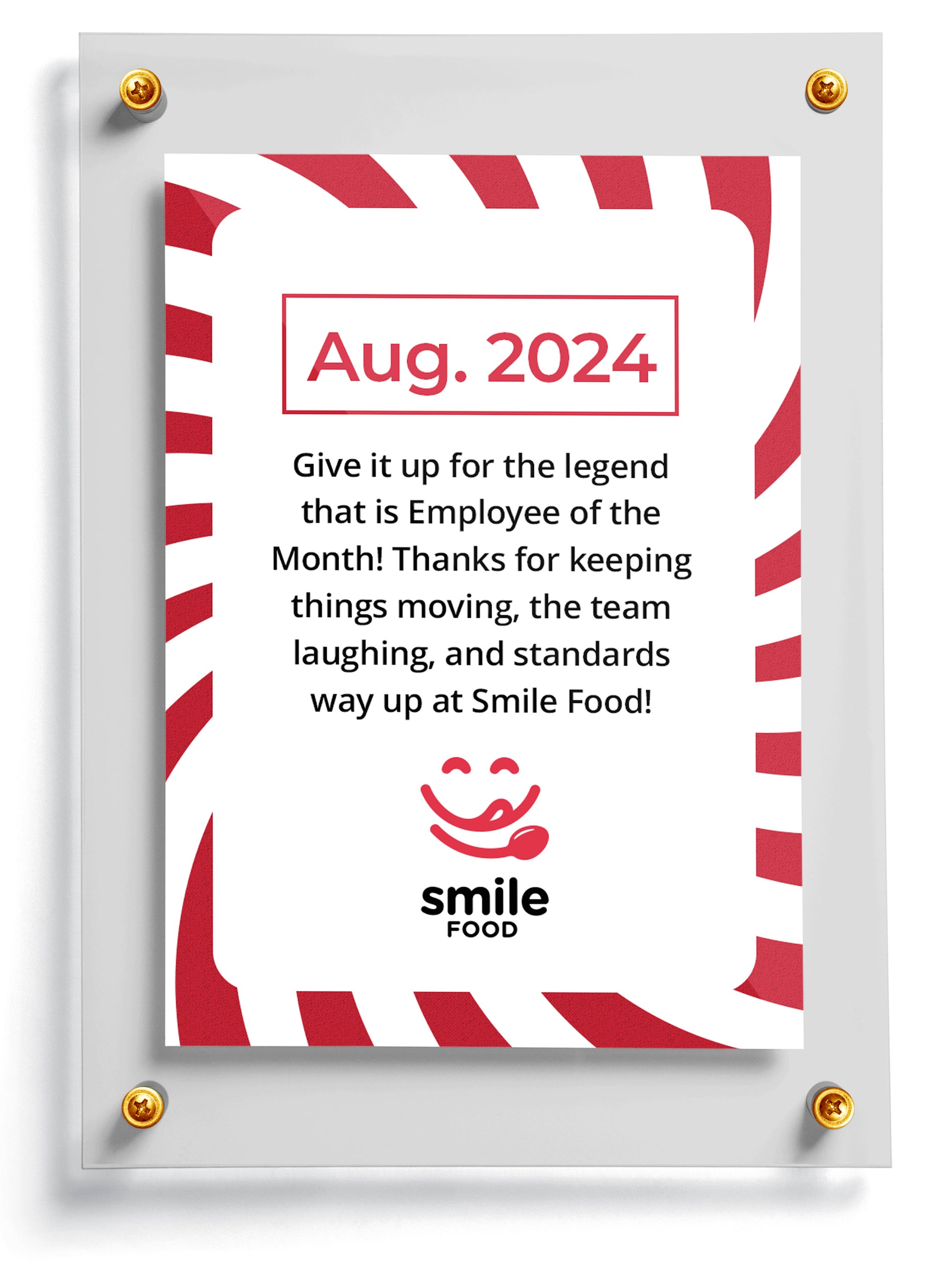 Employee of the Month trading card template named Glory for Smile Food with red and white striped border and text.