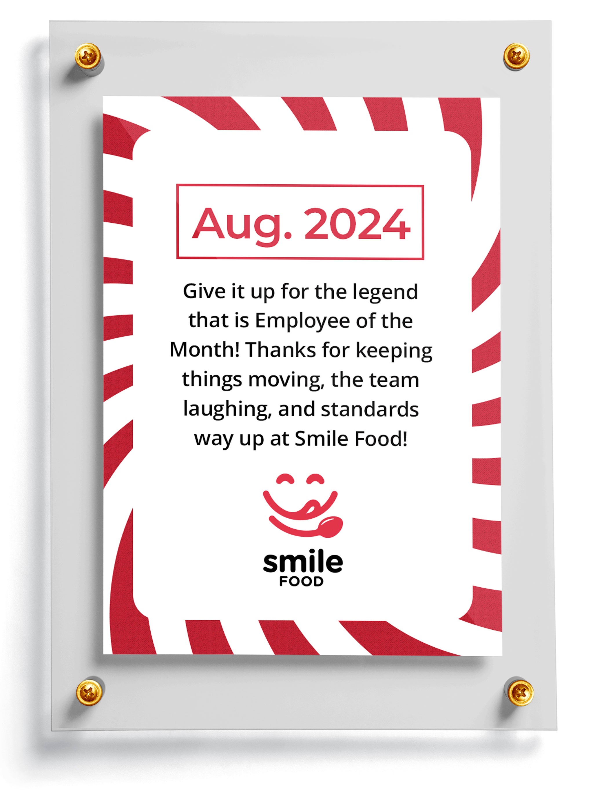Employee of the Month trading card template named Glory for Smile Food with red and white striped border and text.