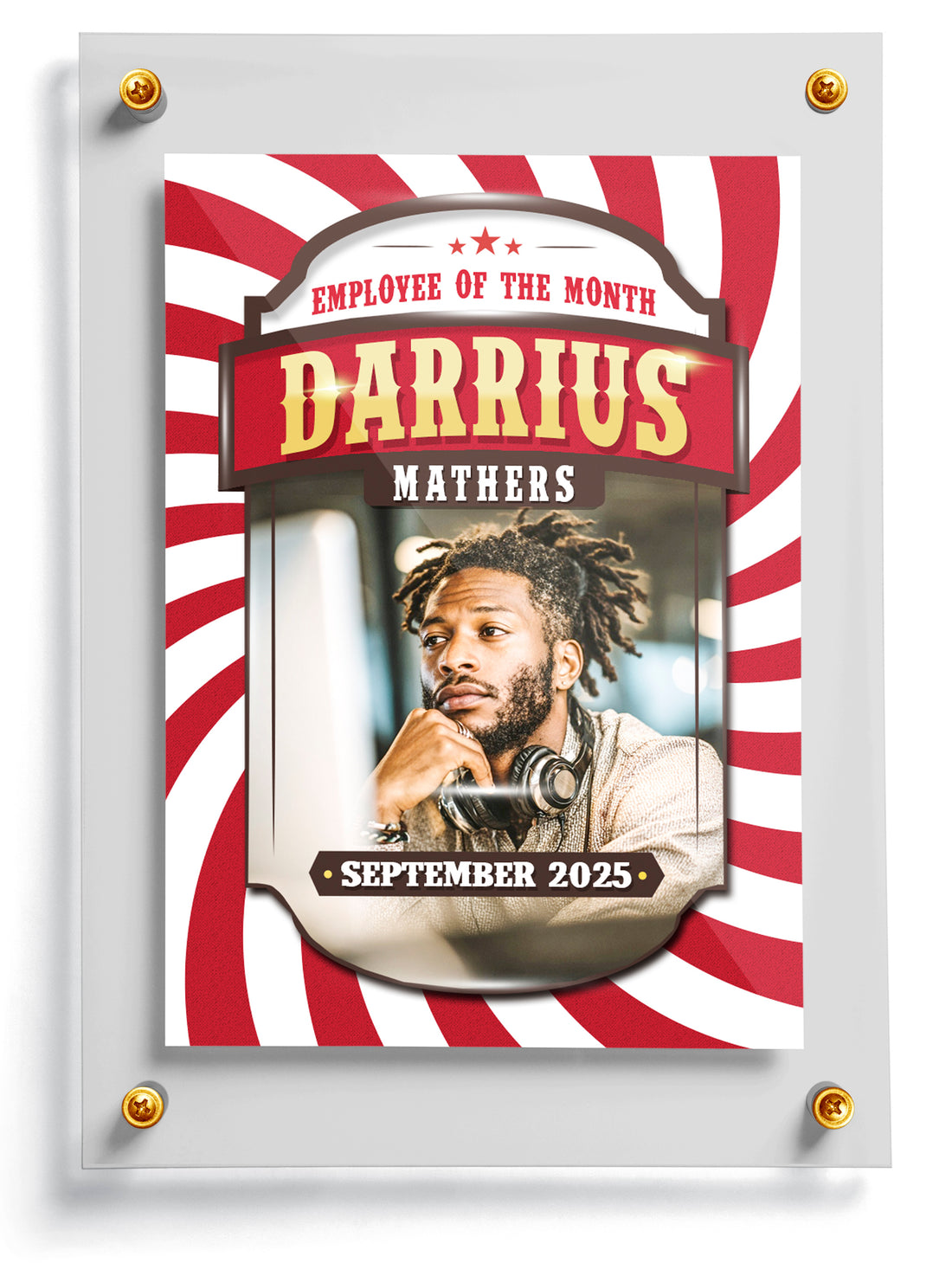Employee of the Month trading card template named Glory for Darrius Mathers with red and white striped border