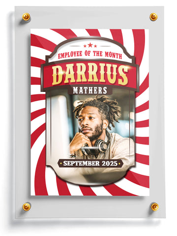 Employee of the Month trading card template named Glory for Darrius Mathers with red and white striped border