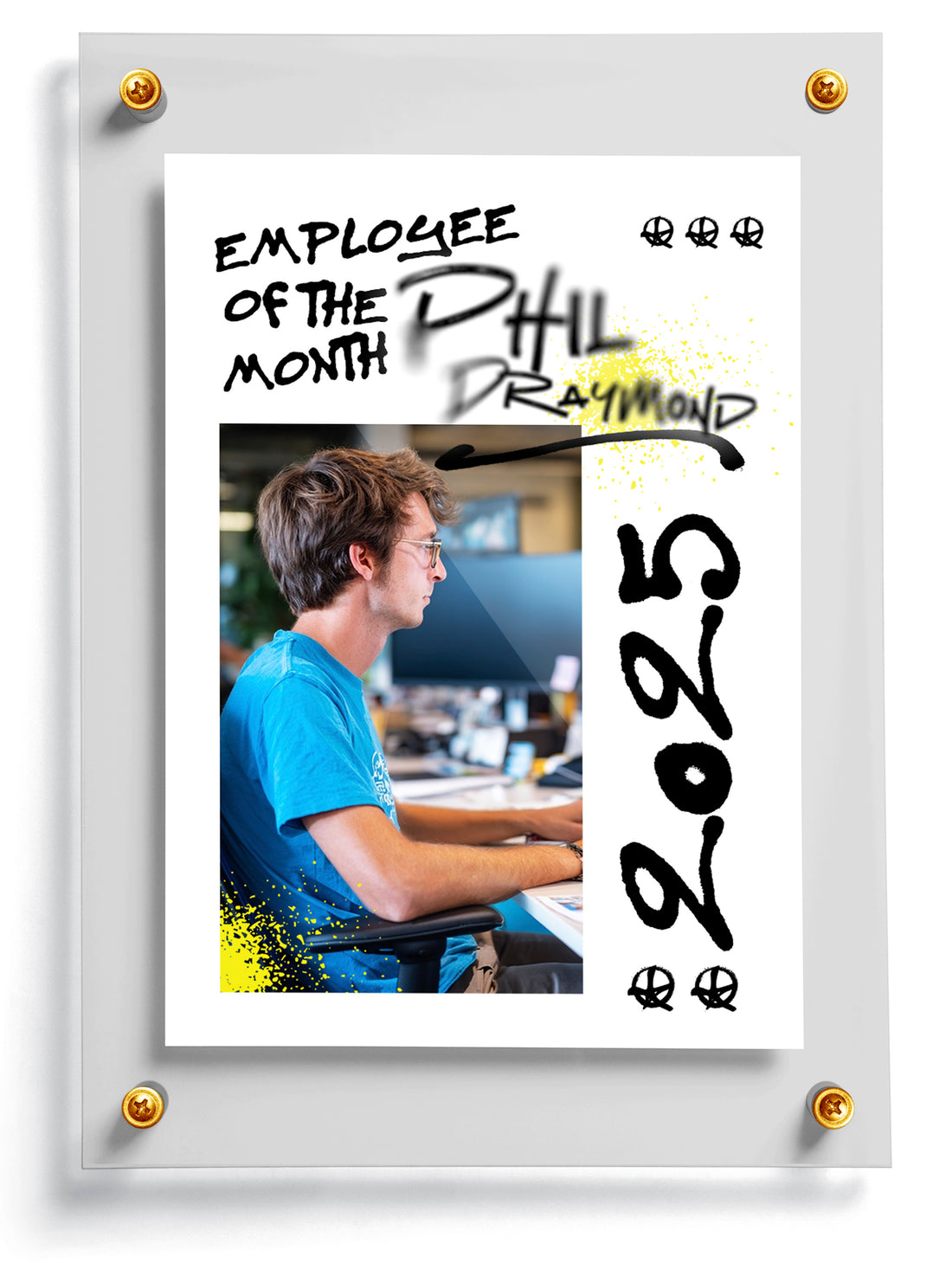 Trading card template named Grinder with a photo of a person and text 'Employee of the Month Phil Raymond 2025' on a white background.