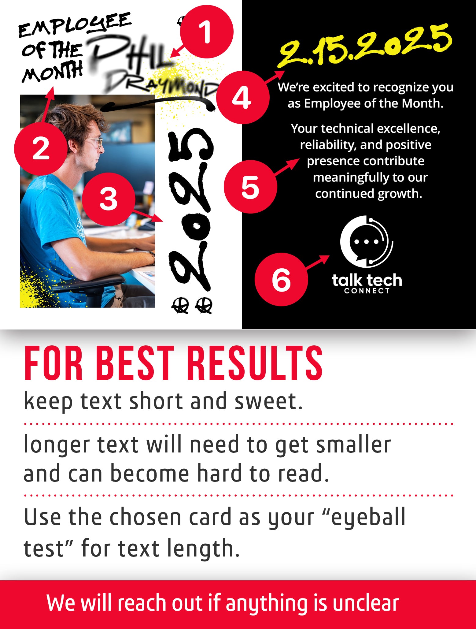 Employee of the Month card template named Grinder with text and a photo of a person, featuring the brand 'talk tech connect'.