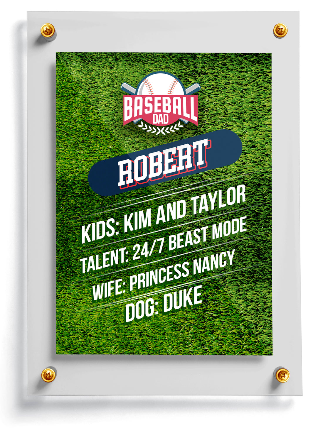 Baseball Dad trading card template named Grizzle, front side. 