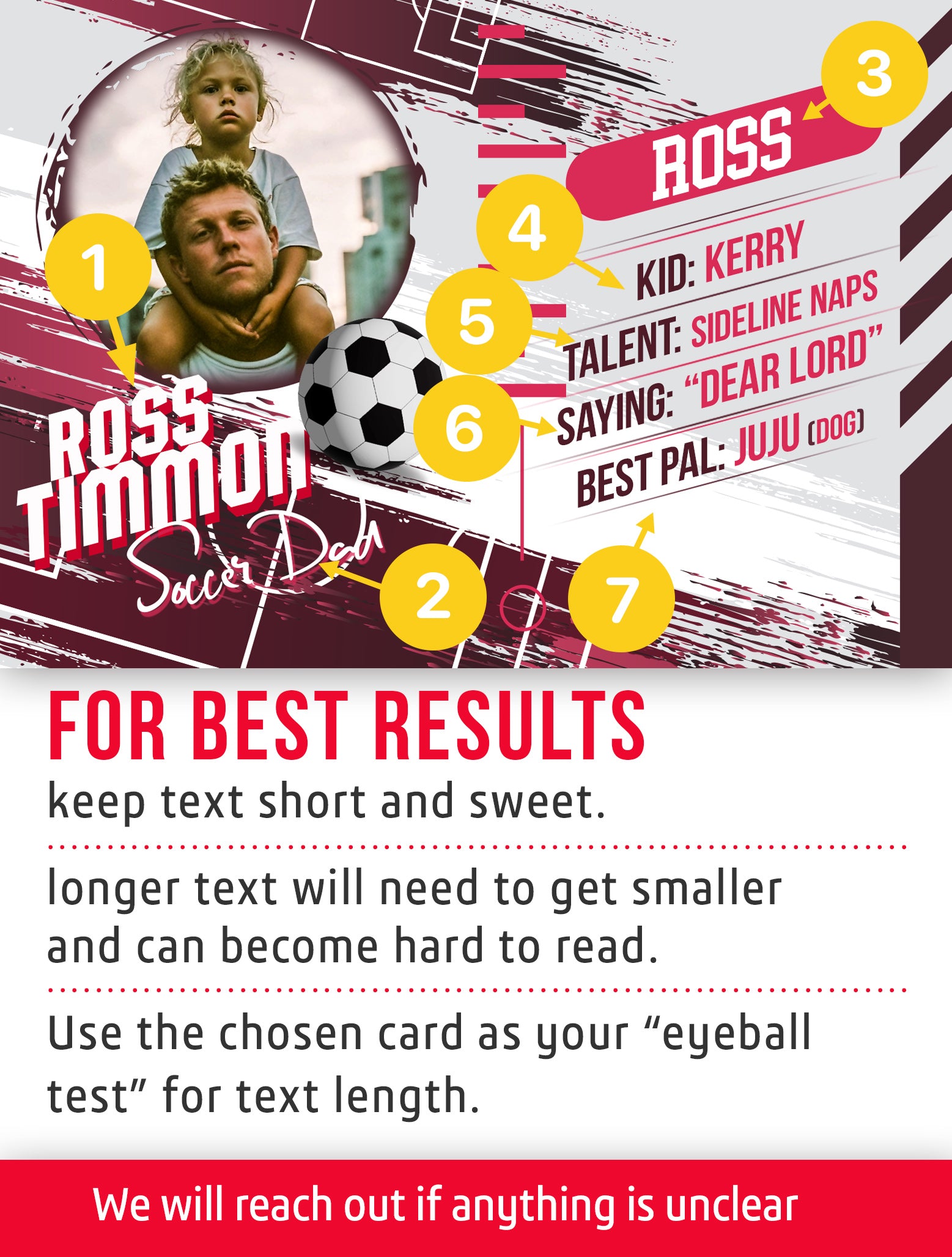 Soccer dad trading card template named header with customization instructions