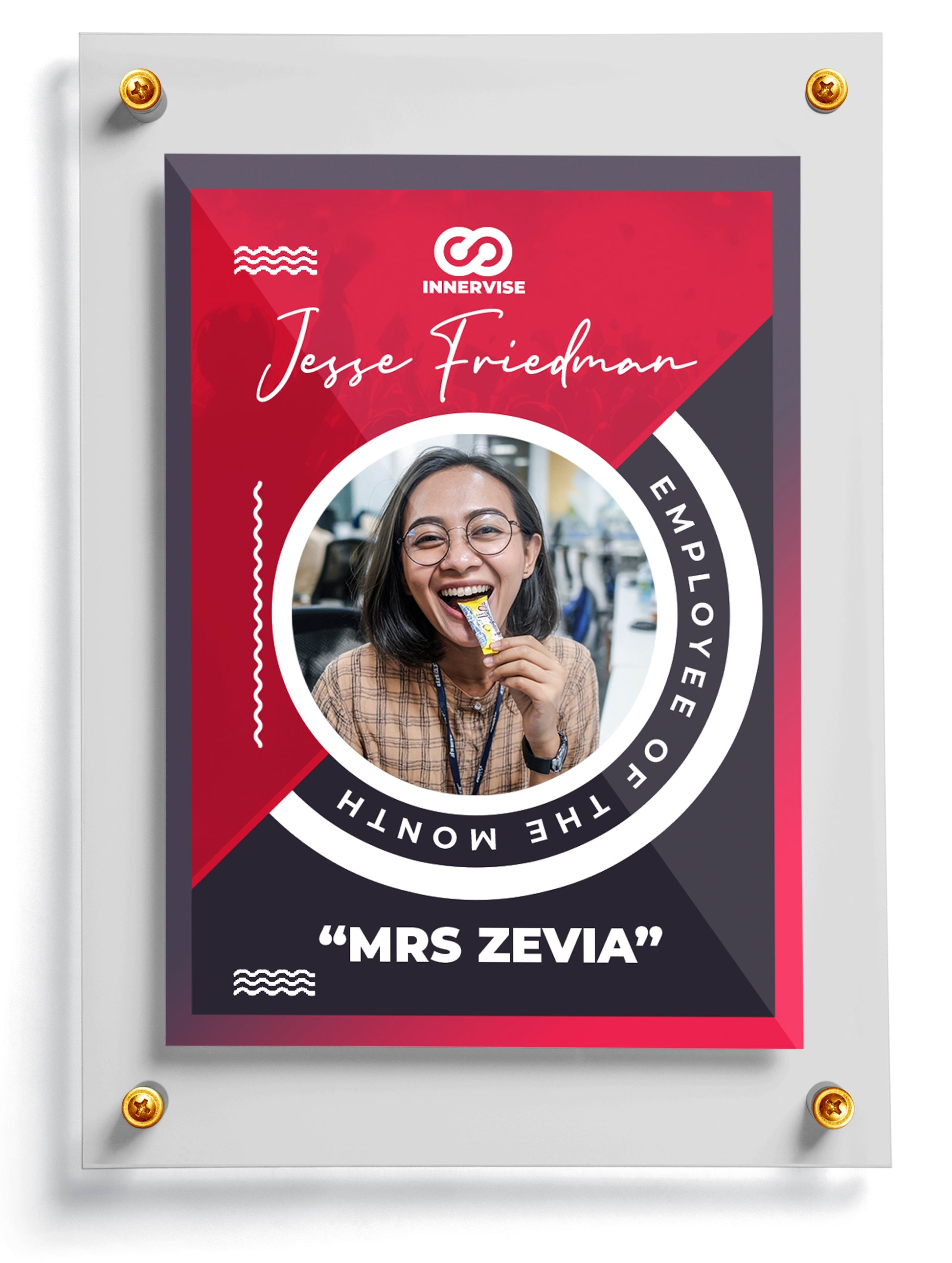Employee of the Month trading card template named Hot Shot for Jesse Friedman with a photo of a woman and the Innerverse logo.