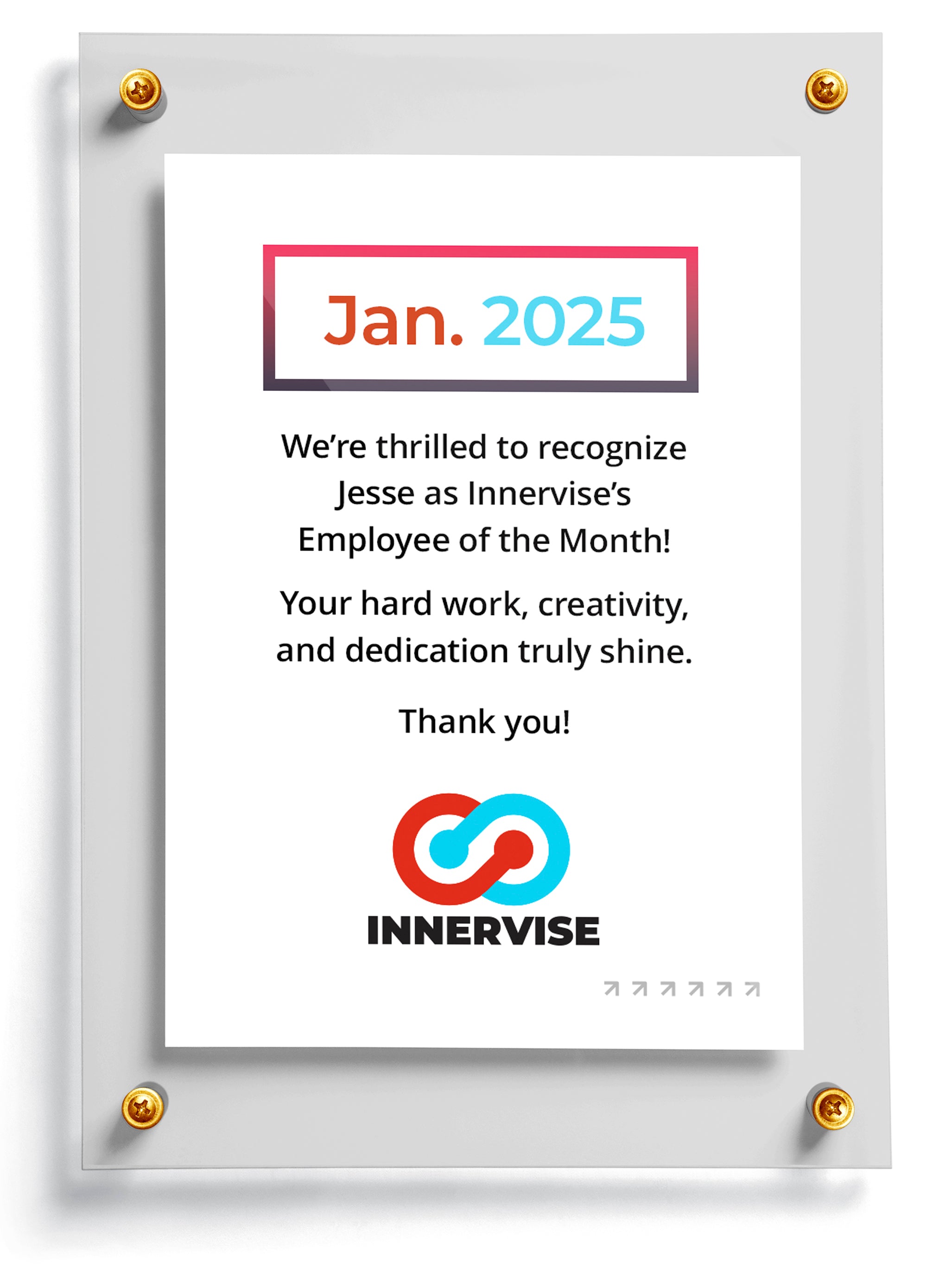 Hot Shot named trading card template for Jesse, Employee of the Month for Innervise in January 2025.