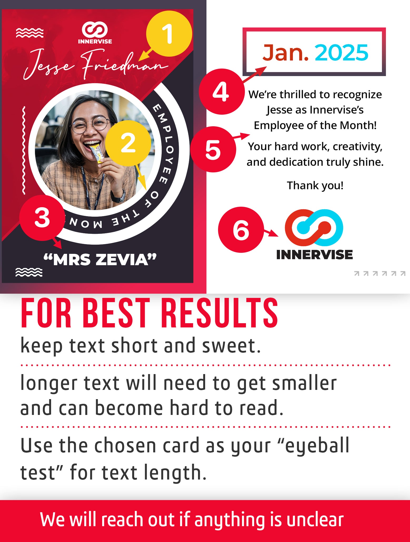 Trading card template for Jesse Friedman, Employee of the Month, with text and graphics on a red and white background.