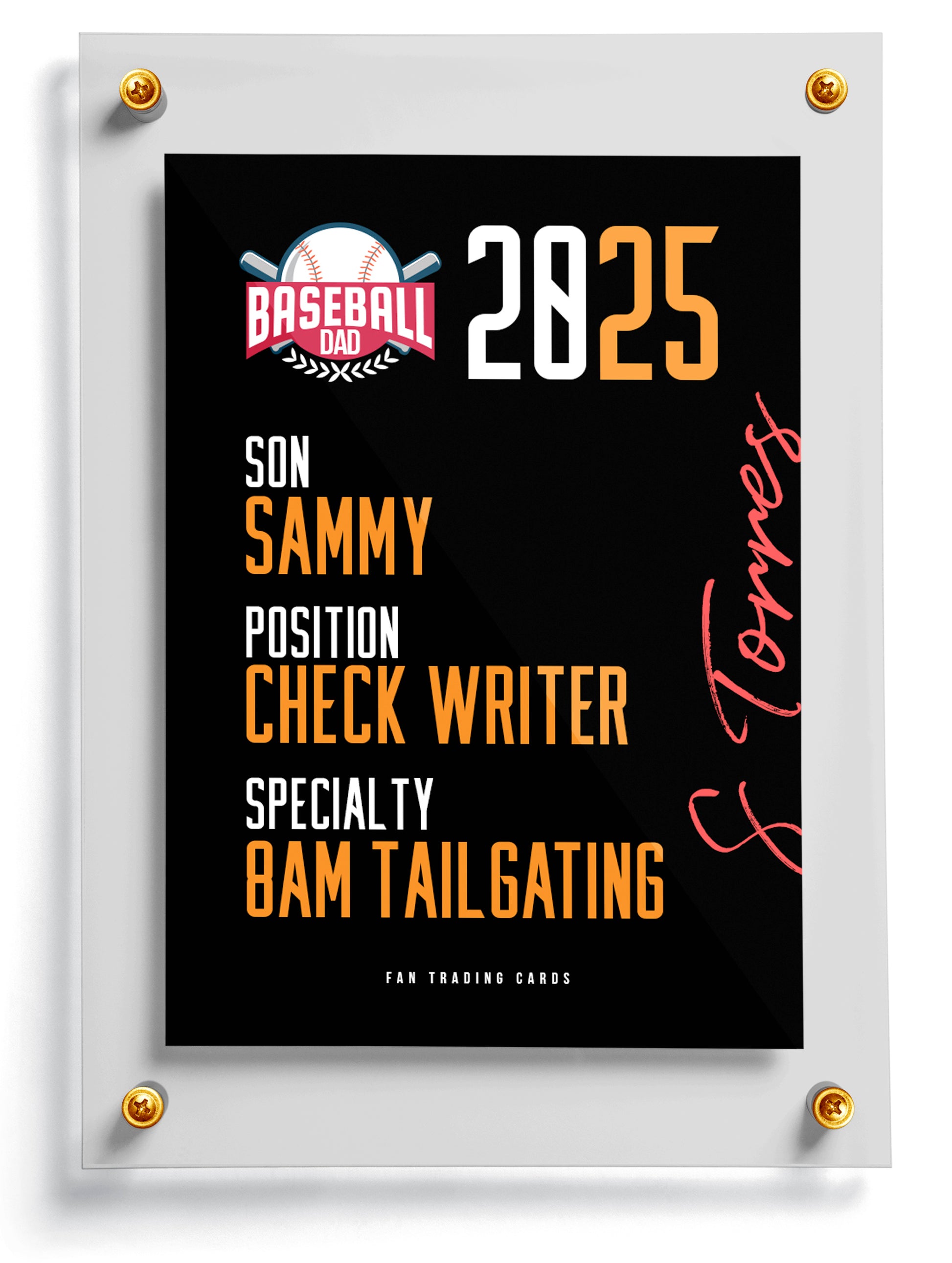 Baseball-themed personalized trading card template with text on a black background