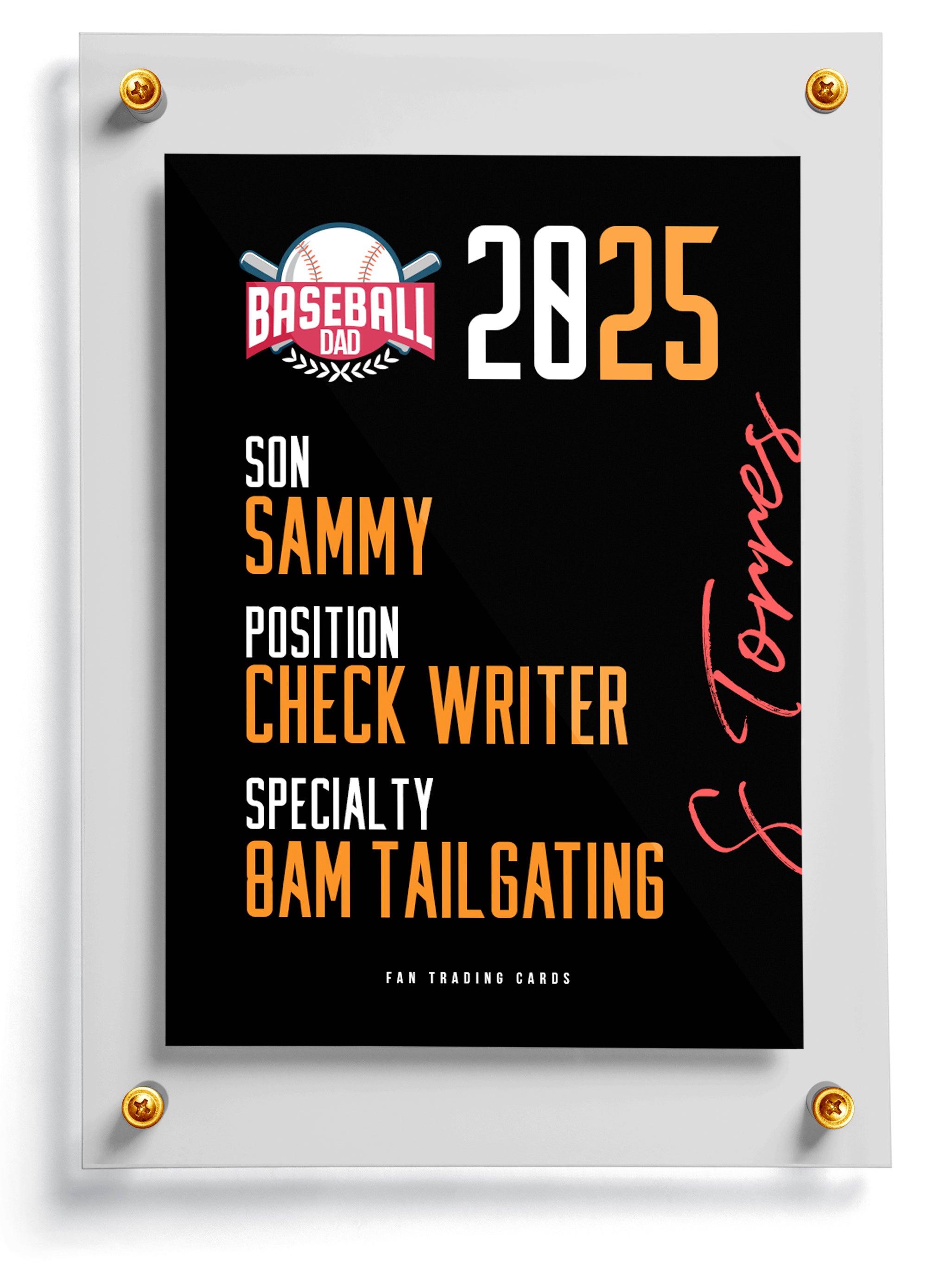 Baseball-themed personalized trading card template with text on a black background