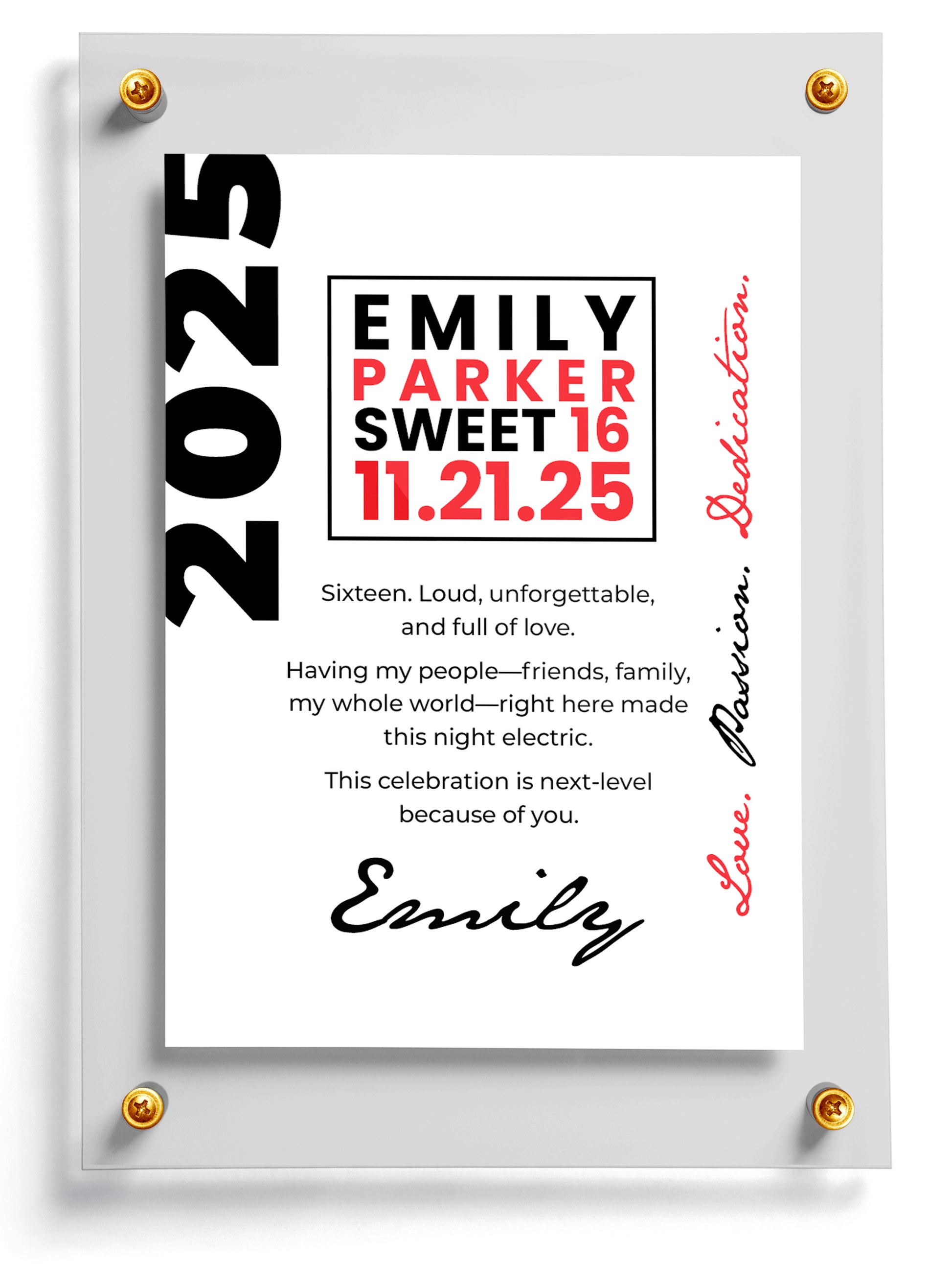 Sweet 16 invitation card template named Inspire with personalized text on a white background