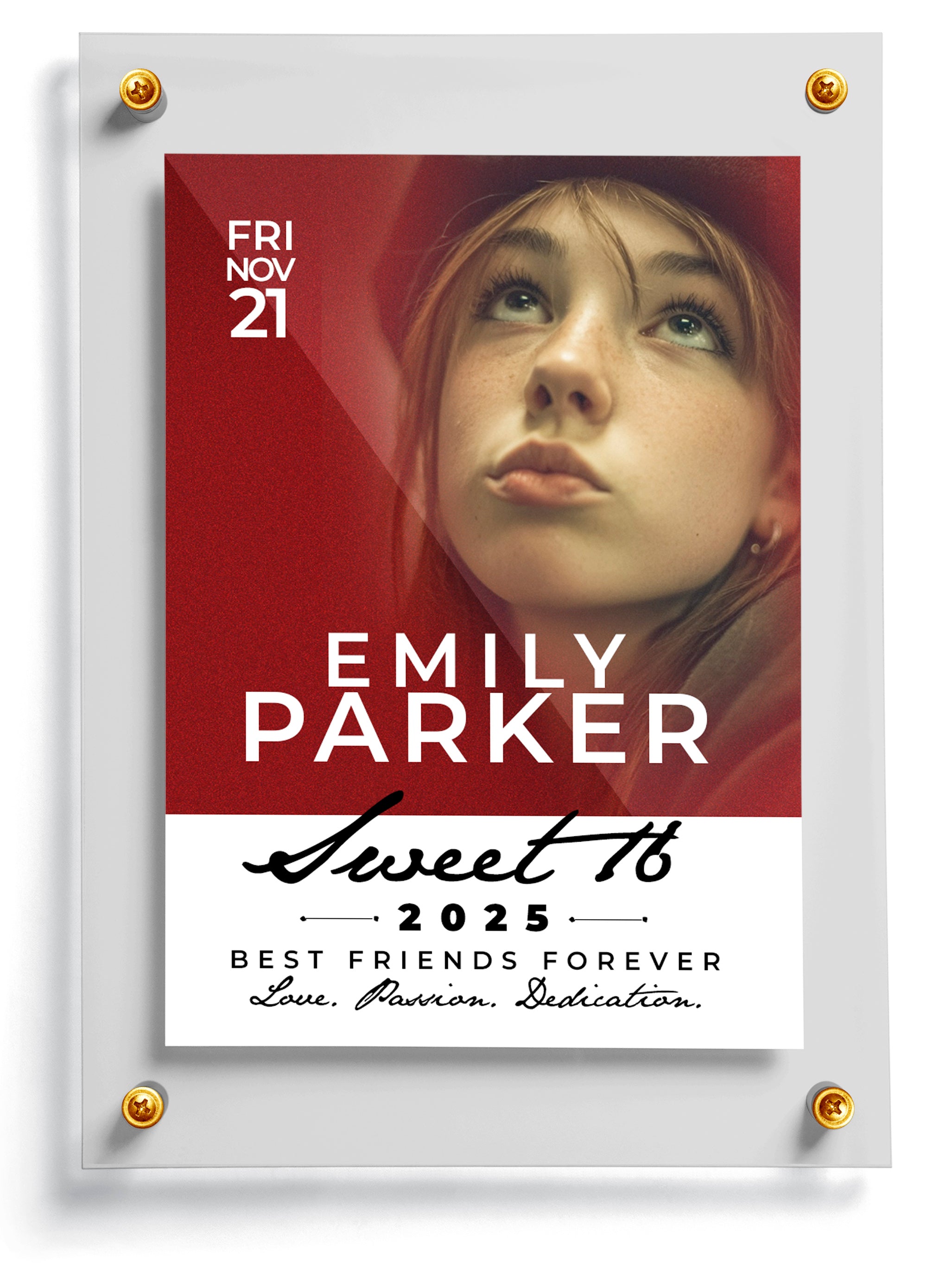 Sweet Sixteen card template with a young girl's face, text, and decorative elements on a white background.