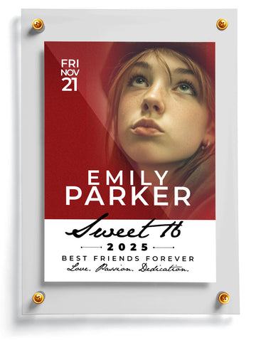 Sweet Sixteen card template with a young girl's face, text, and decorative elements on a white background.