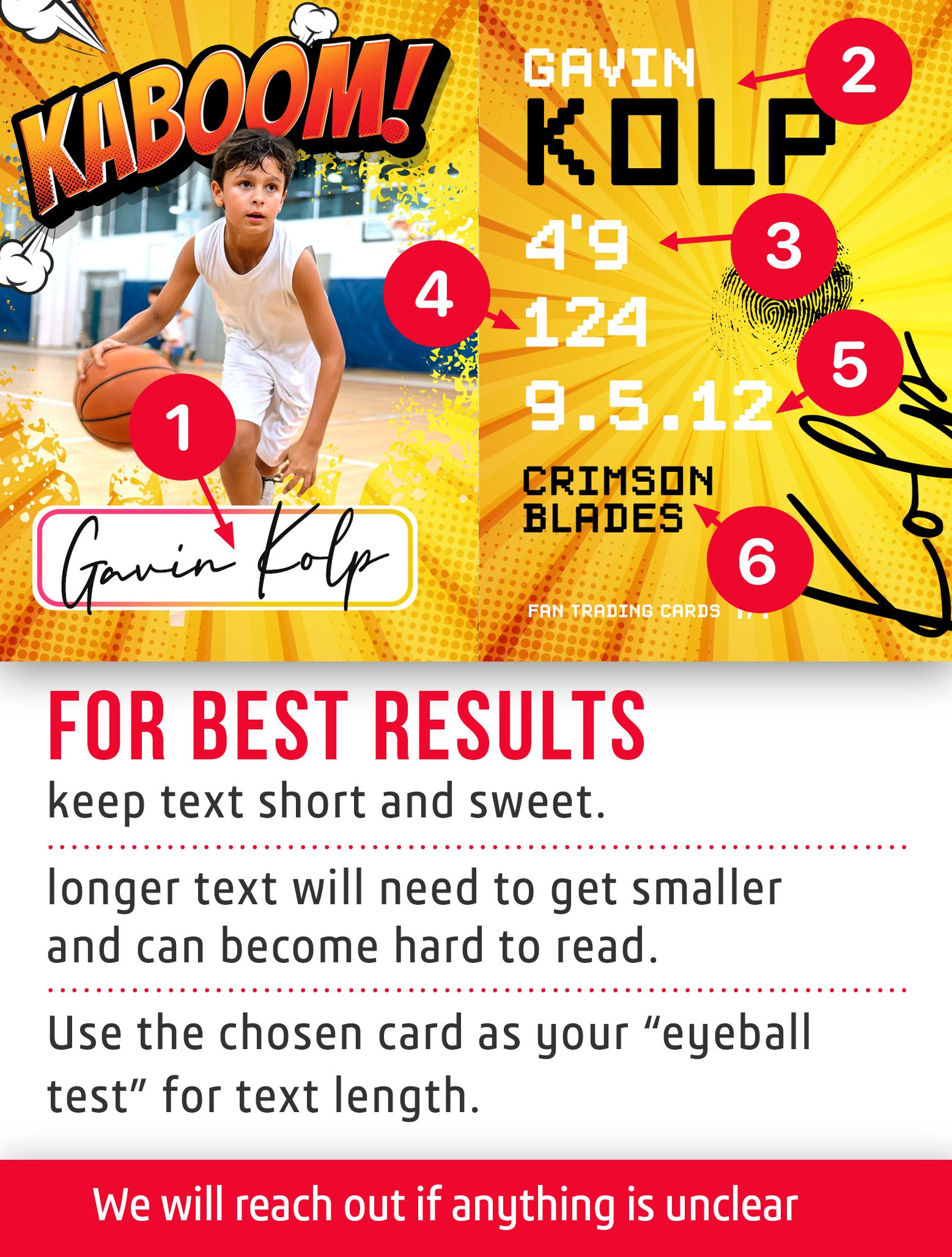 Kaboom trading card template with player information and customization instructions. 
