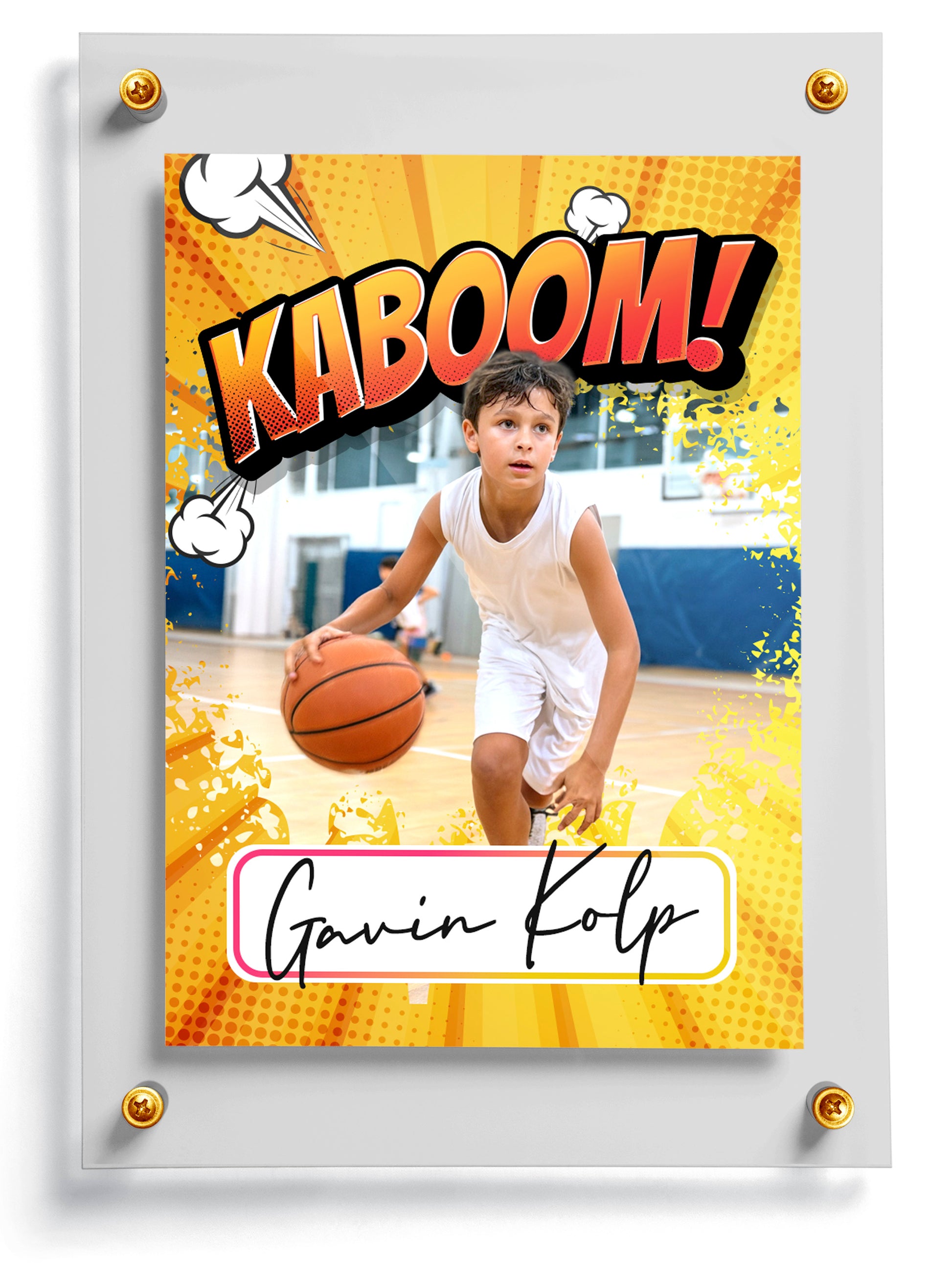 Comic style Basketball-themed card template named Kaboom with 'KABOOM!' and a child holding a basketball.