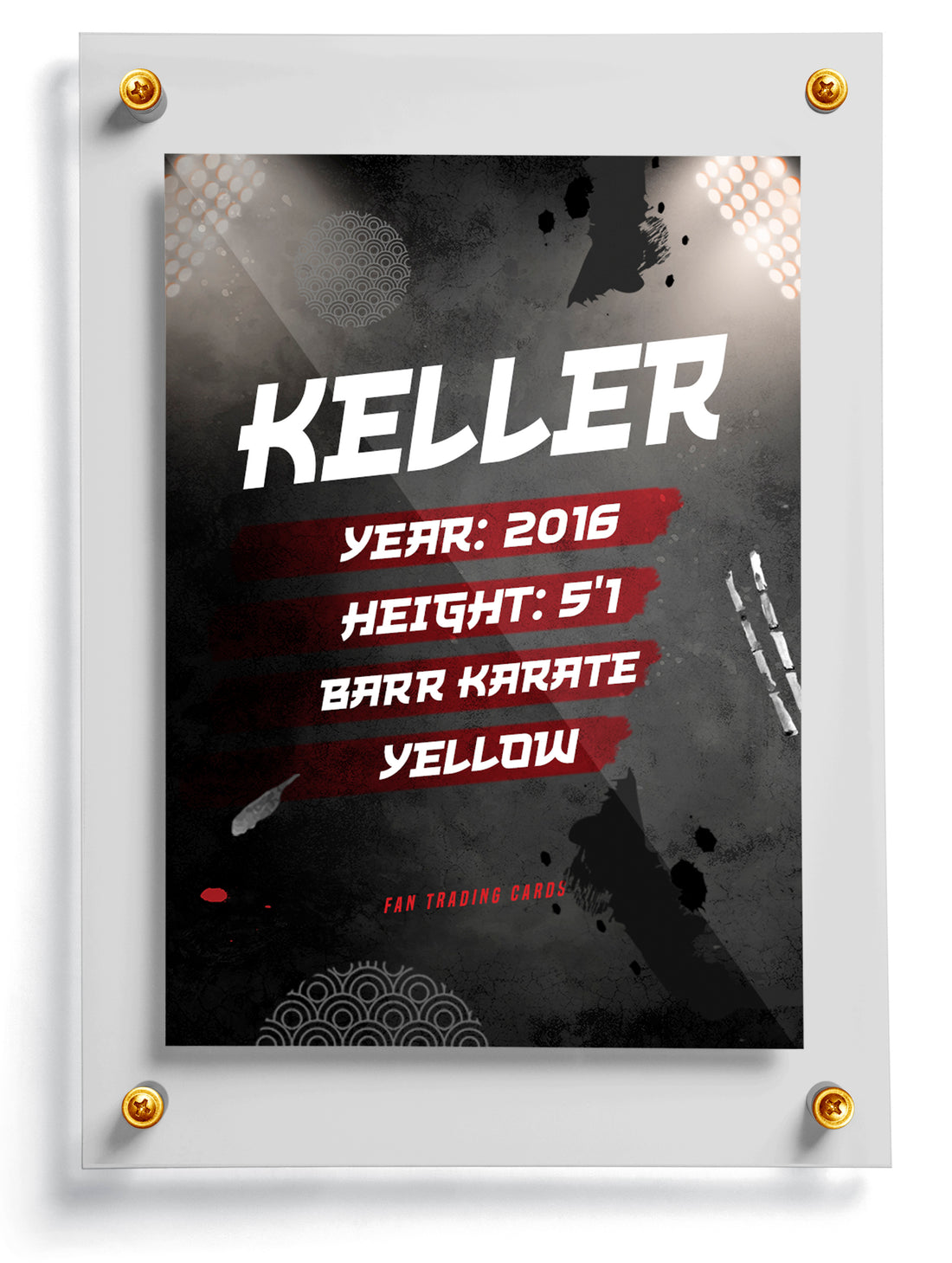 Karate trading card template named Kick, front side. 