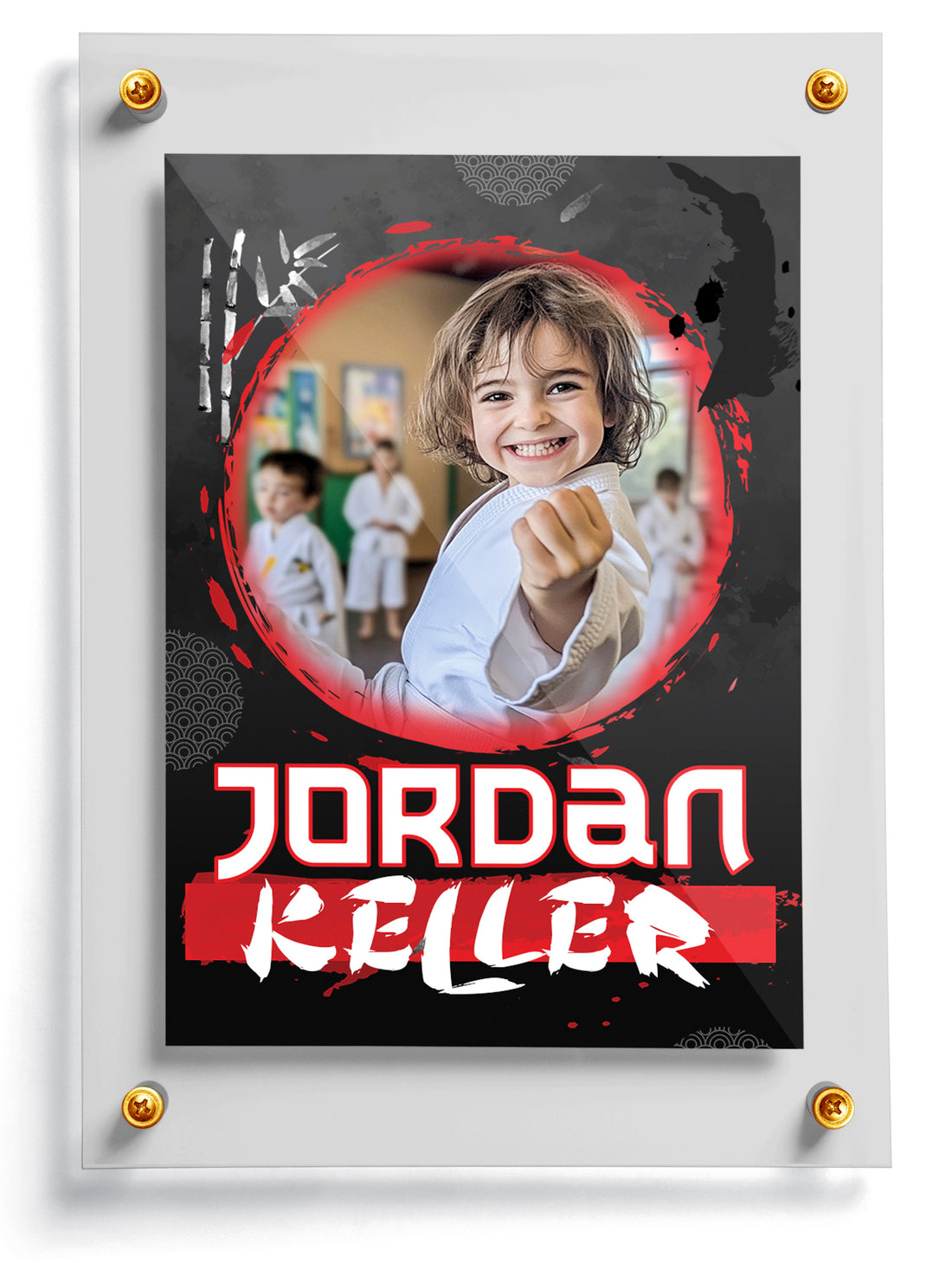 Karate trading card template named Kick, front side. 