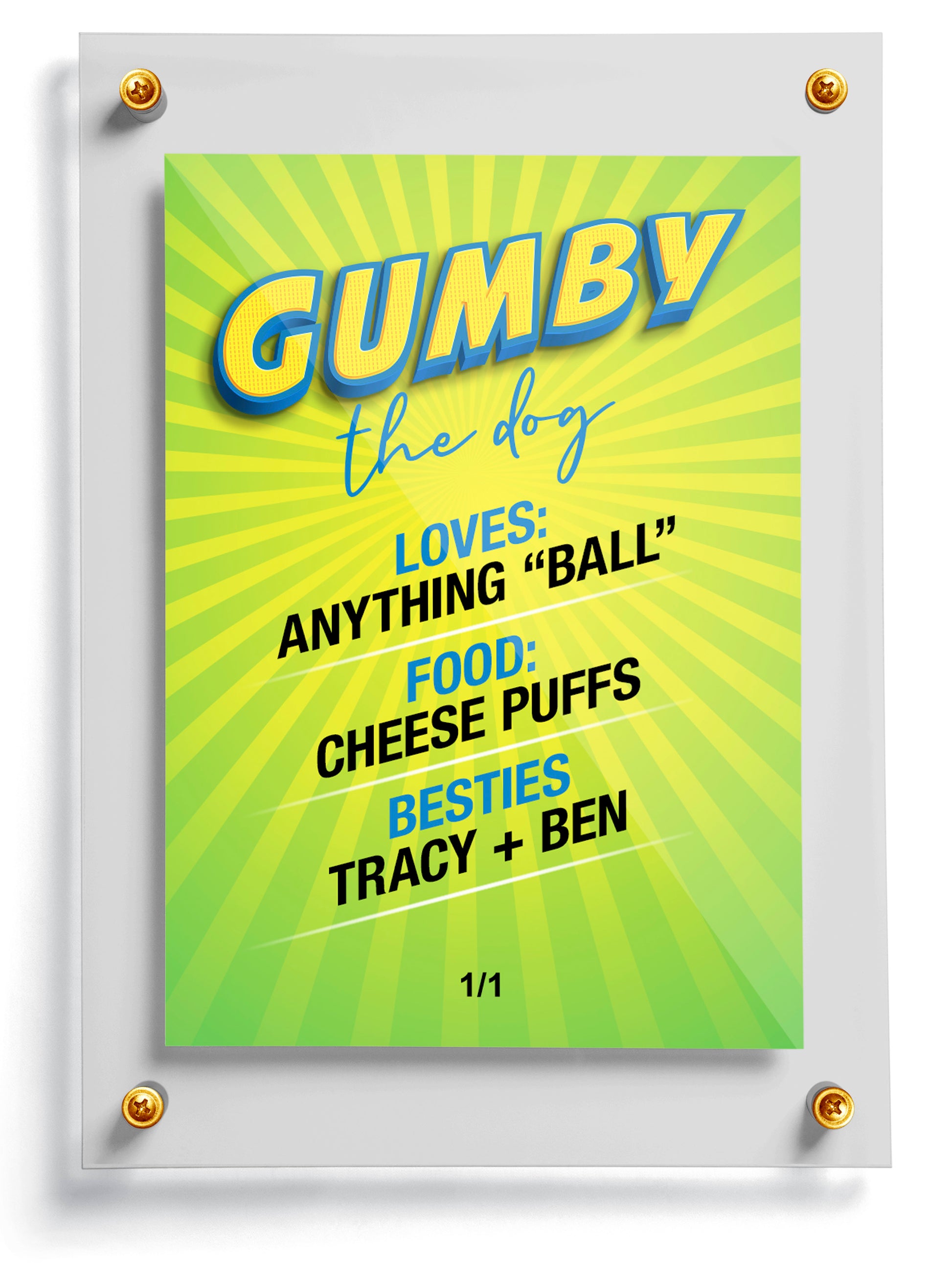 machine trading card with text about 'Gumby the dog' on a green and yellow background