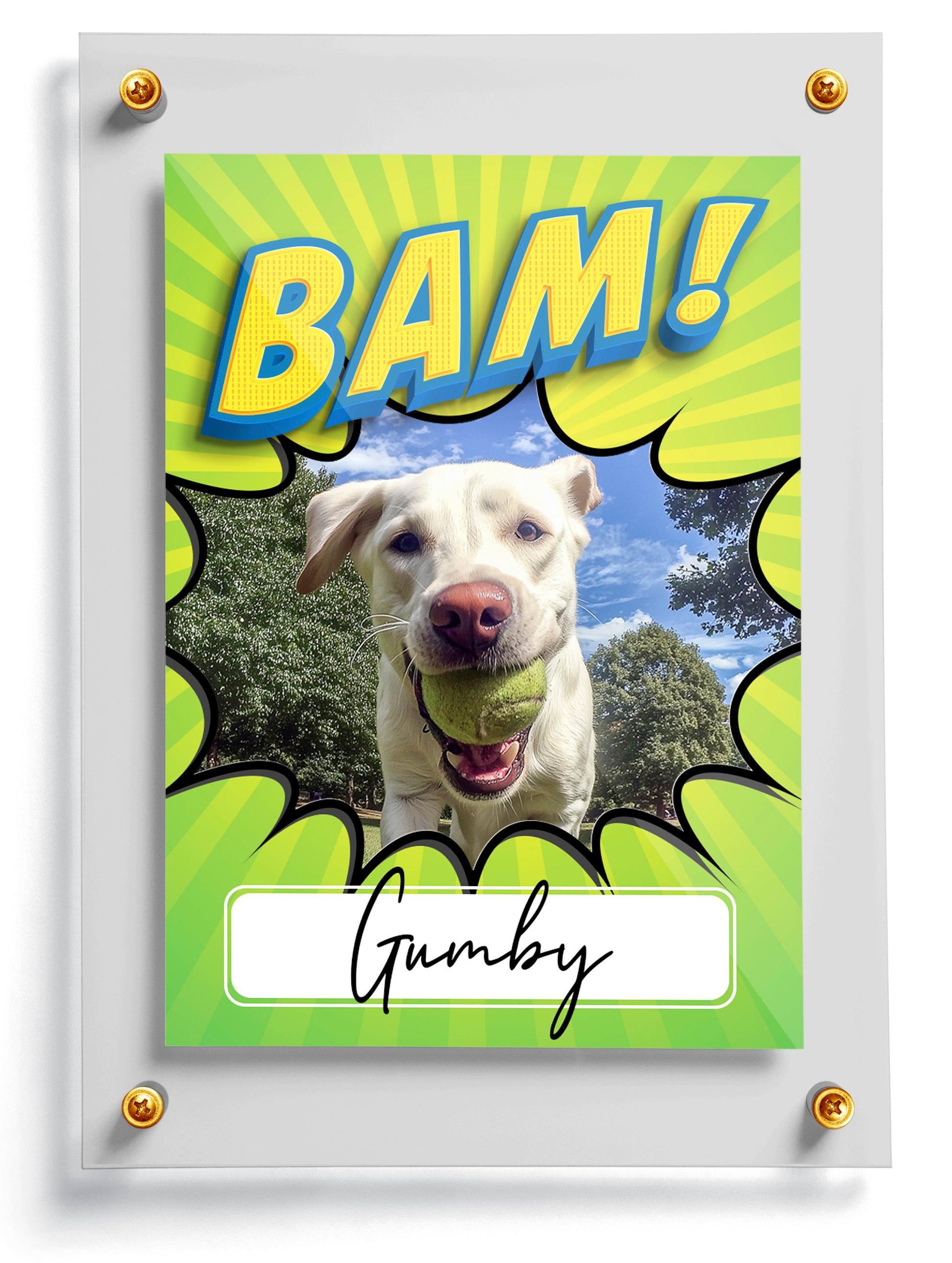 machine dog trading card featuring Gumby with tennis ball comic style design