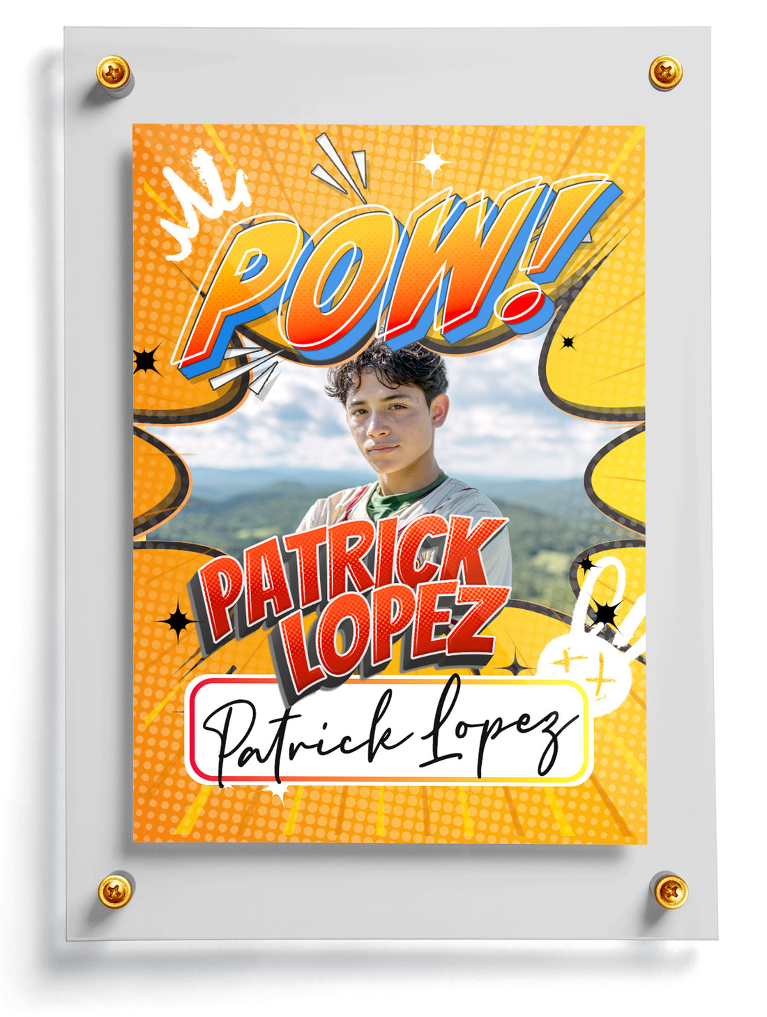 Comic-style sports trading card template named mellow with 'POW!' and 'Patrick Lopez' text on a yellow background