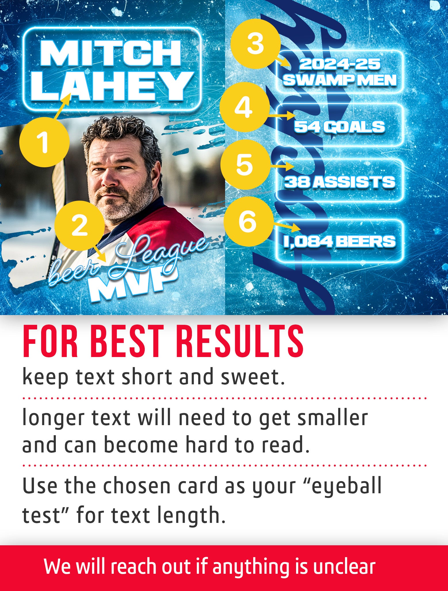 Beer league hockey trading card template named Miller Lite with personalization instructions.