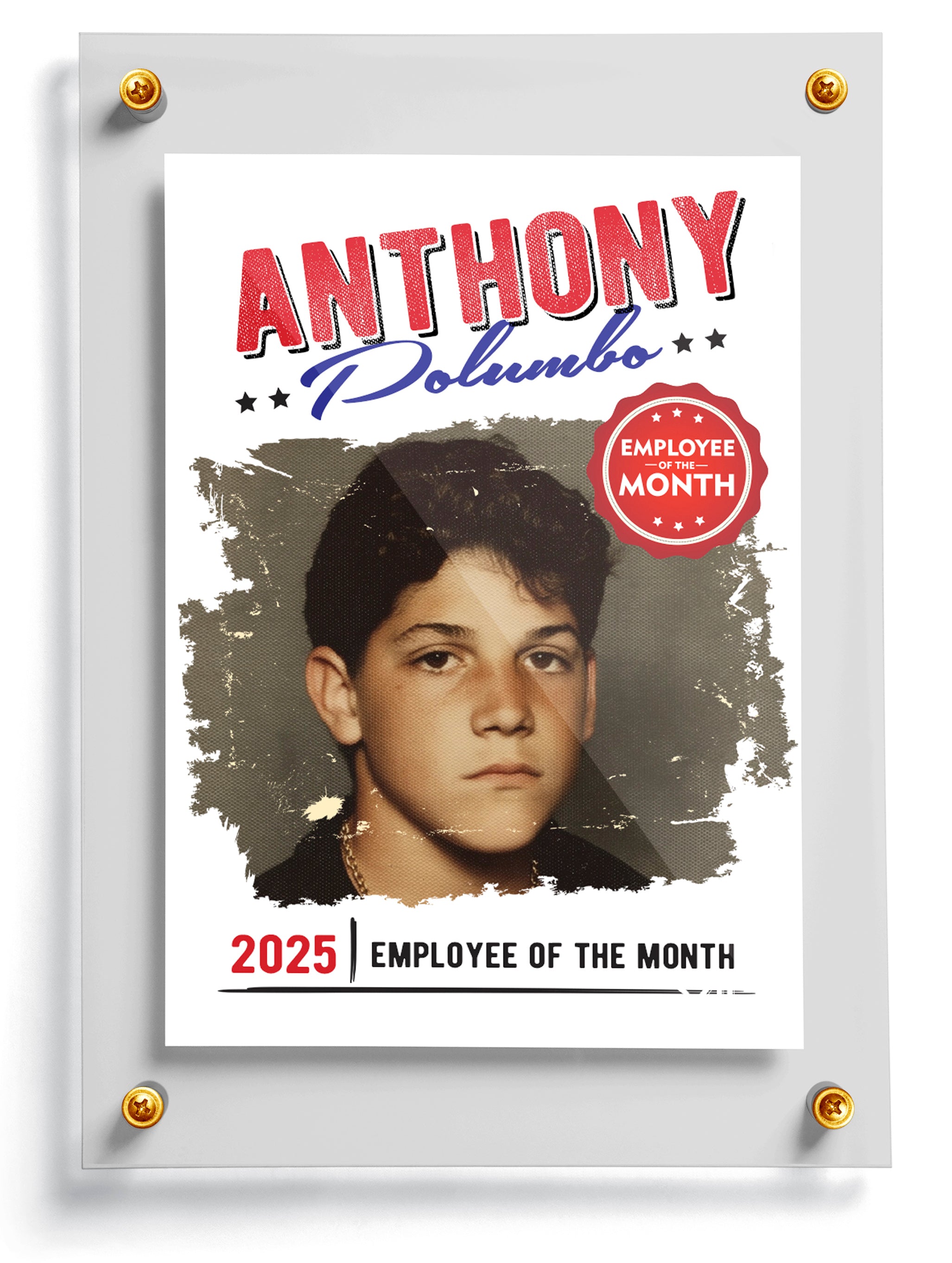 Trading card named Mug Shot with a person's portrait and text 'Anthony Polunbo, Employee of the Month 2025' on a white background.