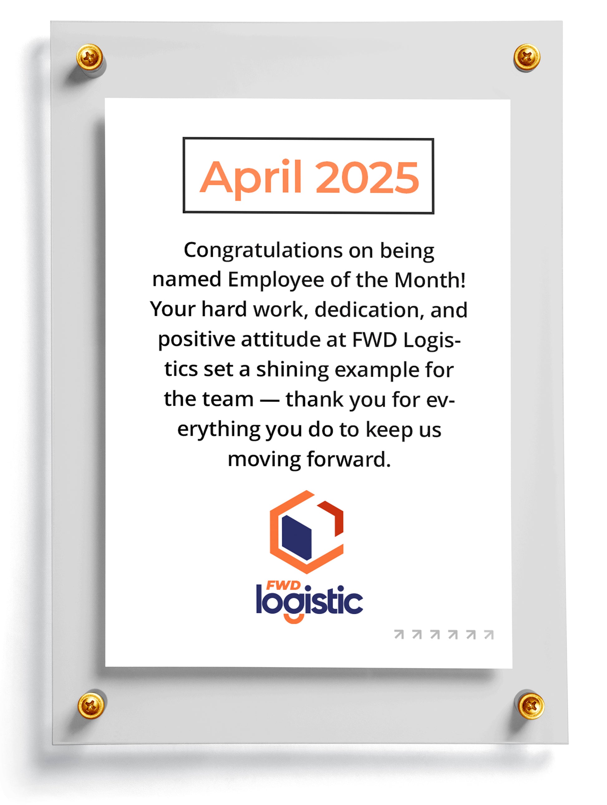 Work trading card template named Nailed It congratulating an employee on being named 'Employee of the Month' for FWD Logistics, dated April 2025.