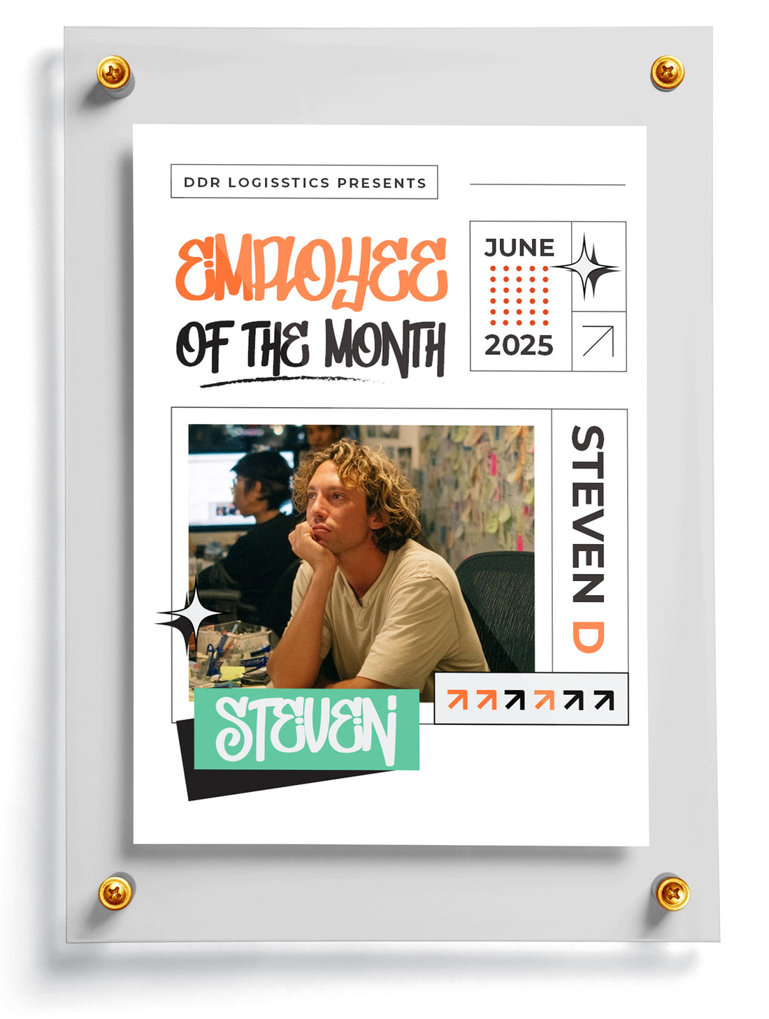 Employee of the Month trading card template named Nailed It for Steven D. with a photo of a person sitting at a desk.