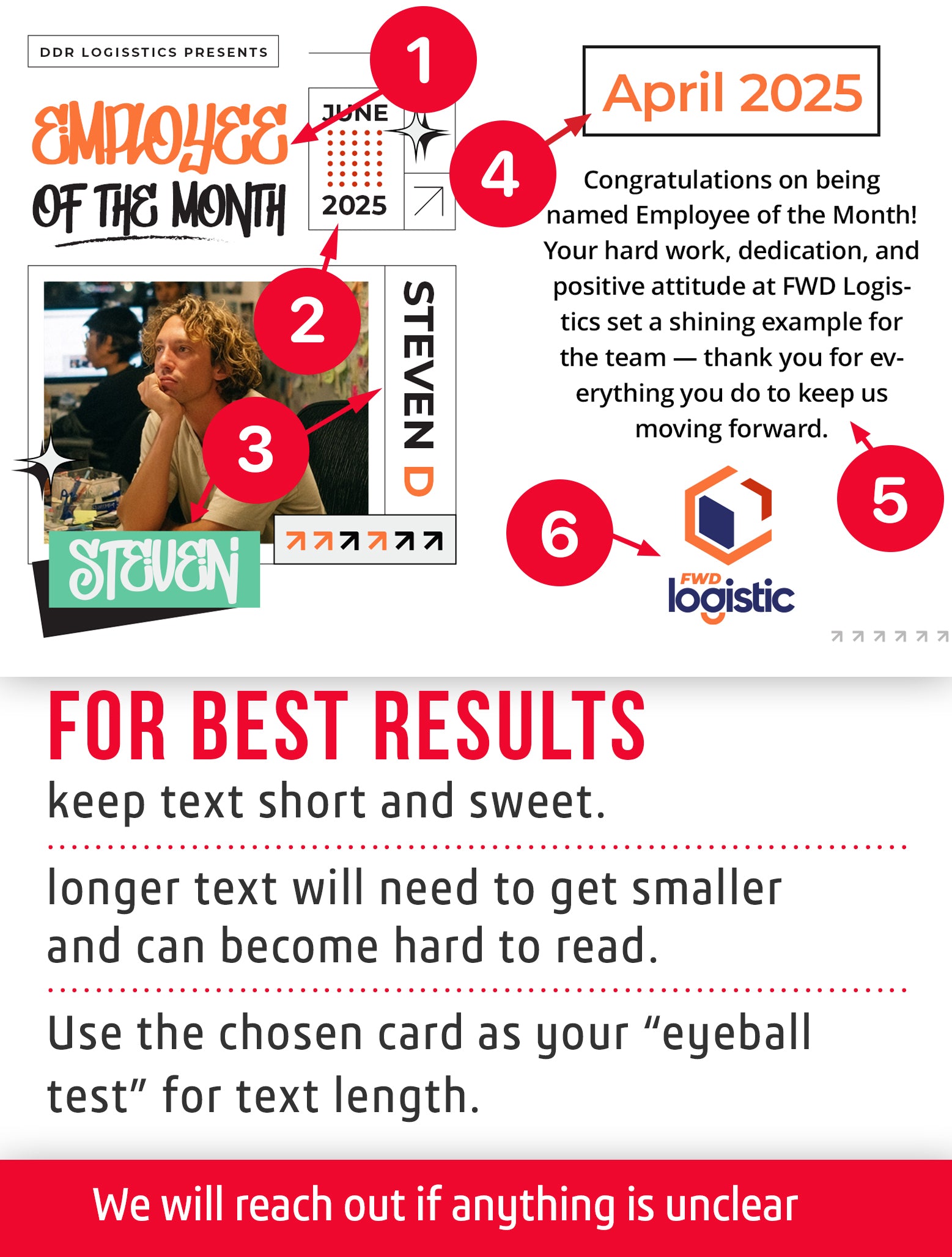 Employee of the Month trading card template named Nailed It with text and graphics, featuring a person and branding elements.