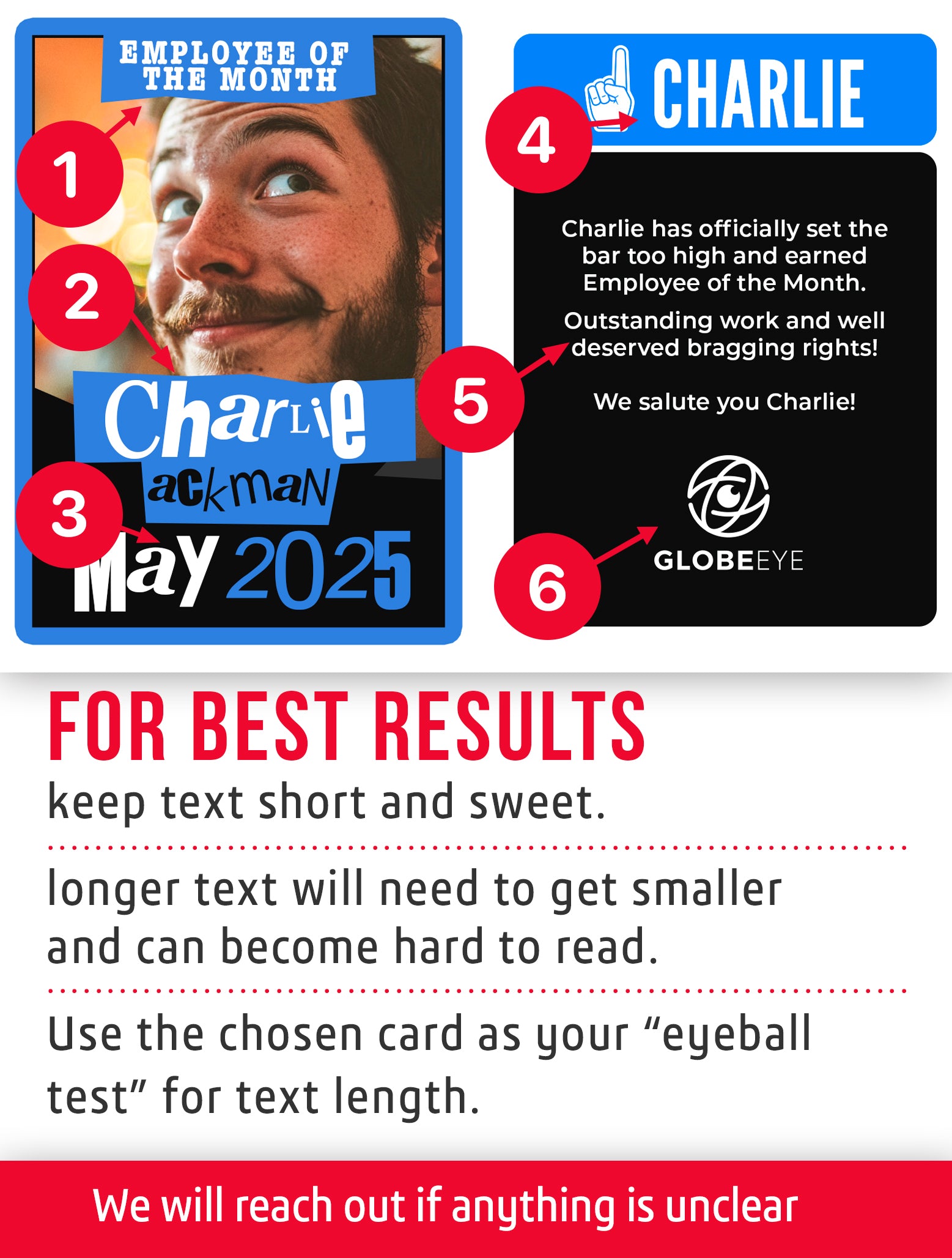 Work trading card named News for 'Employee of the Month' with a person's face and text about Charlie, featuring GlobeEye.