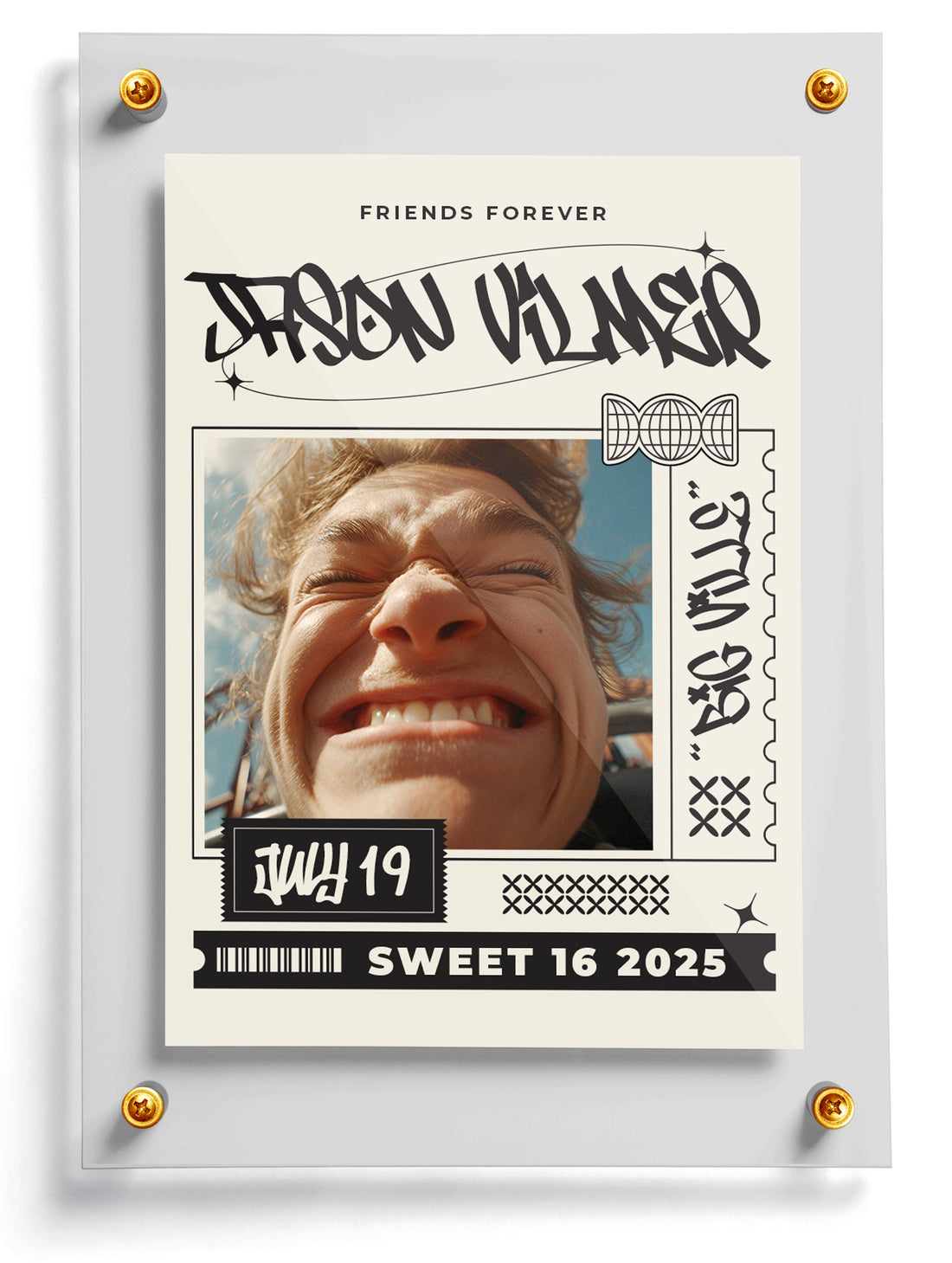 Sweet 16 trading card template named Ollie for a birthday with a photo of a person and text 'Friends Forever'.