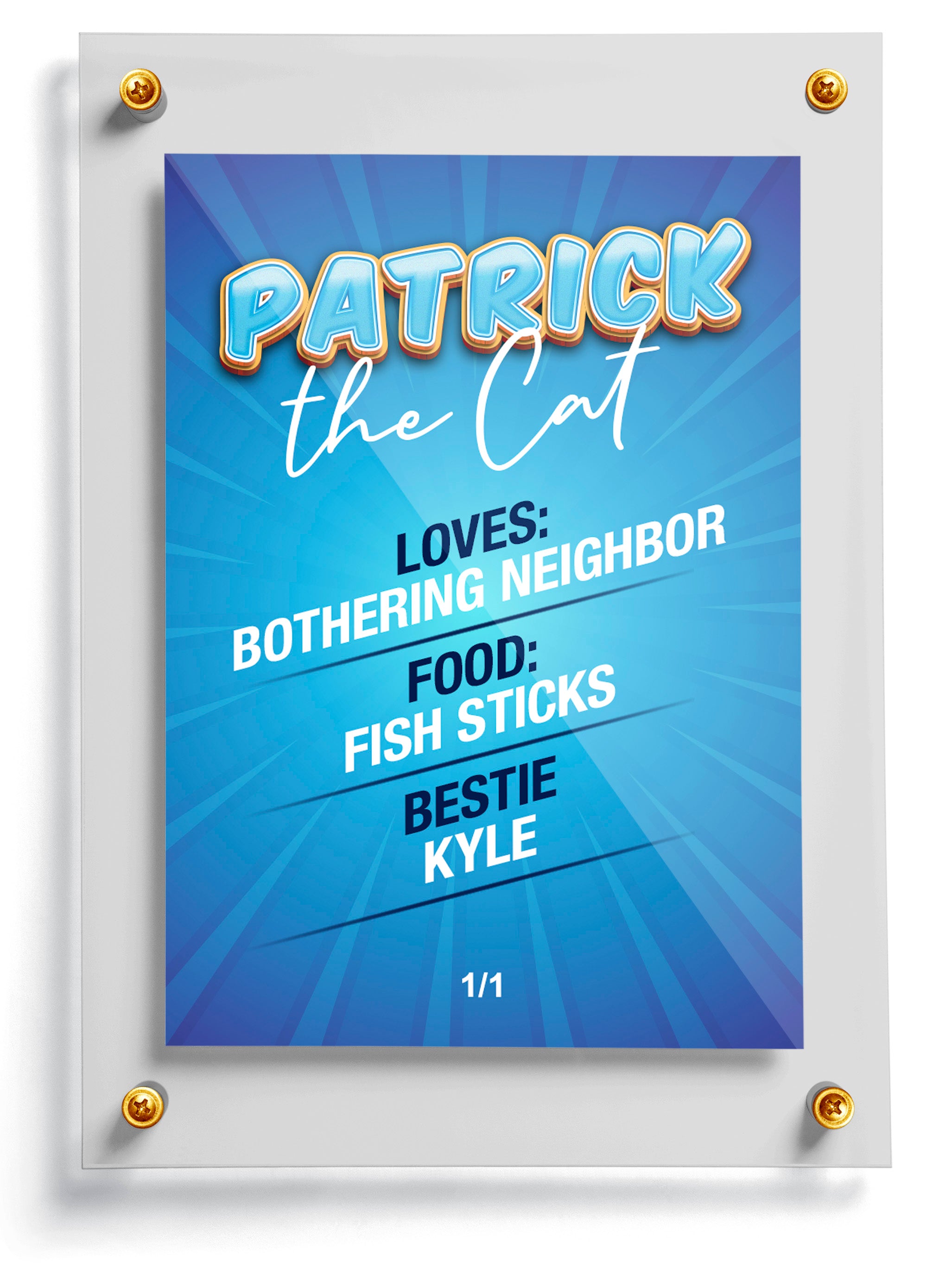 Play cat card with text about 'Patrick the Cat' on a blue background