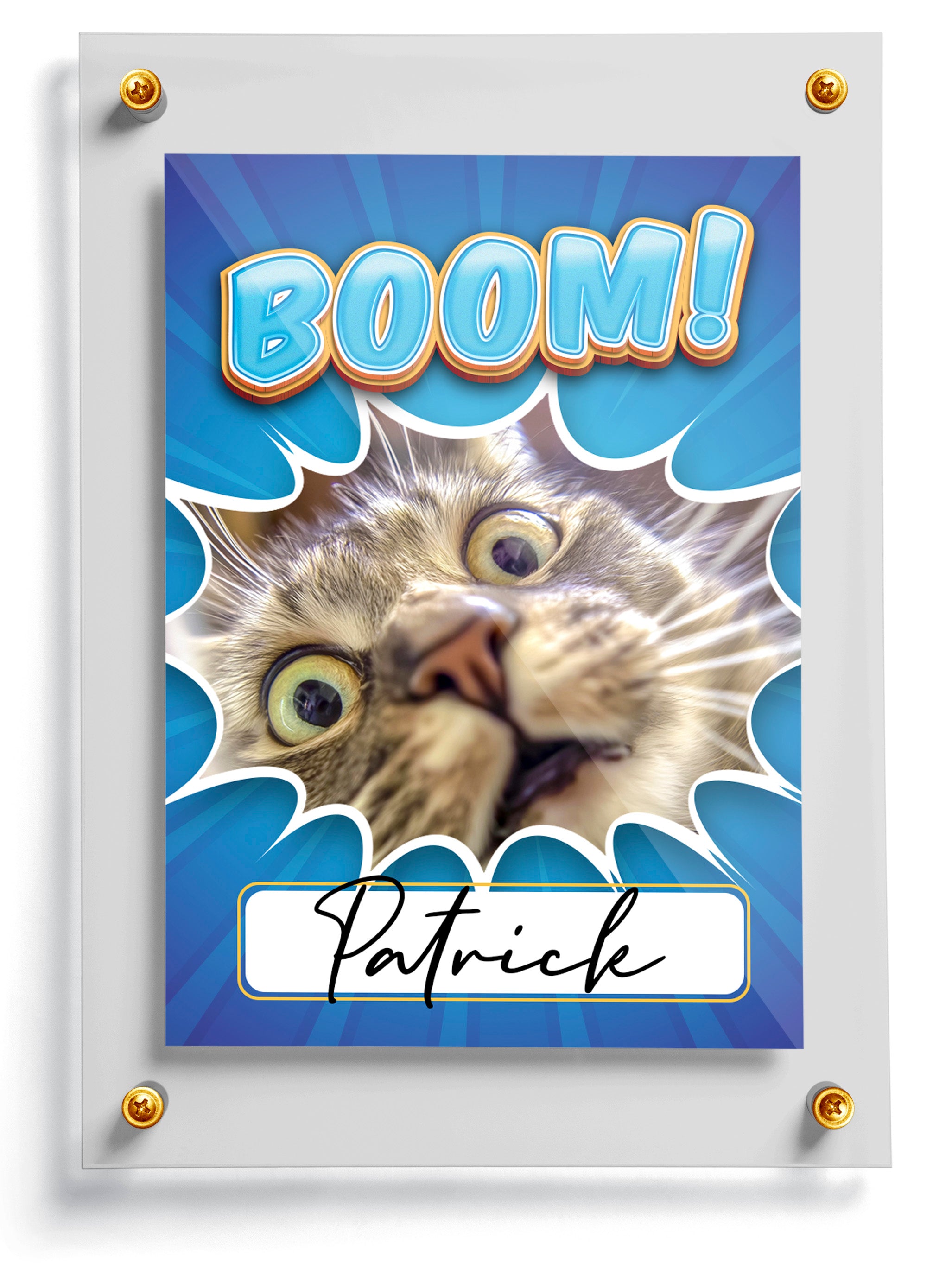 play card with 'BOOM!' and name 'Patrick' on a blue and white background