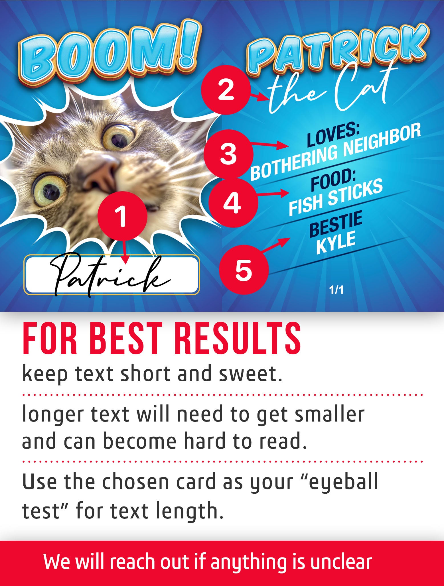 Play trading card with player information and customization instructions. 