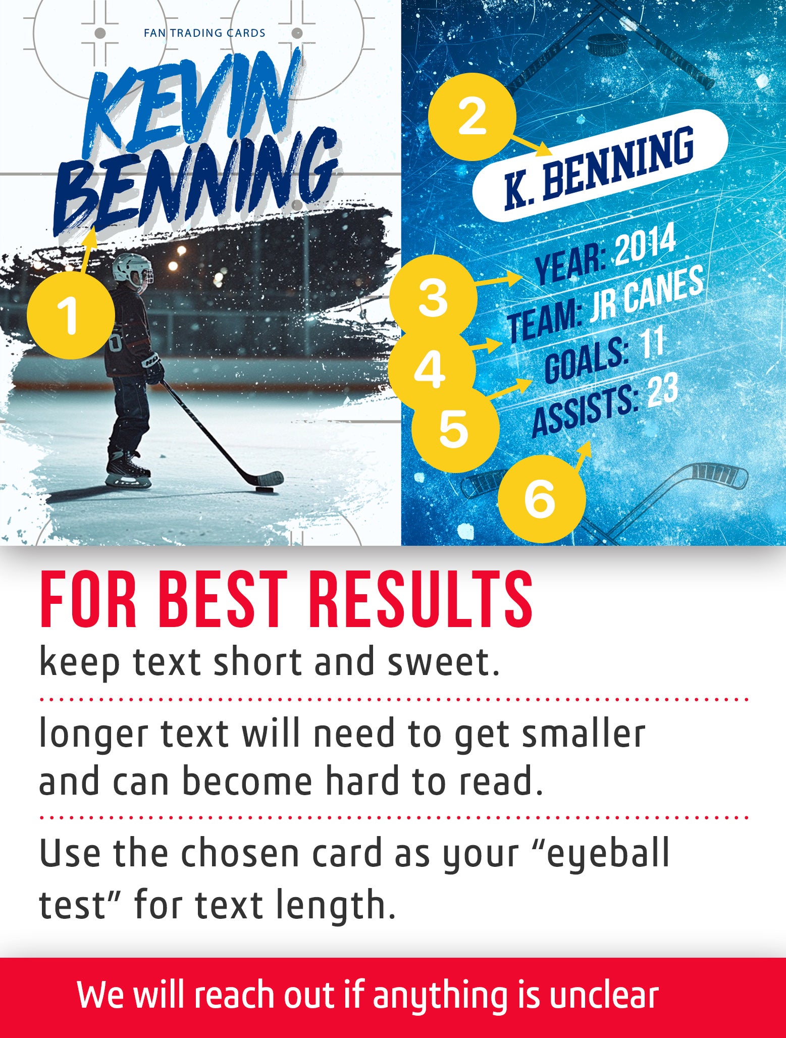 Youth hockey trading card template named Red Line with personalization instructions.