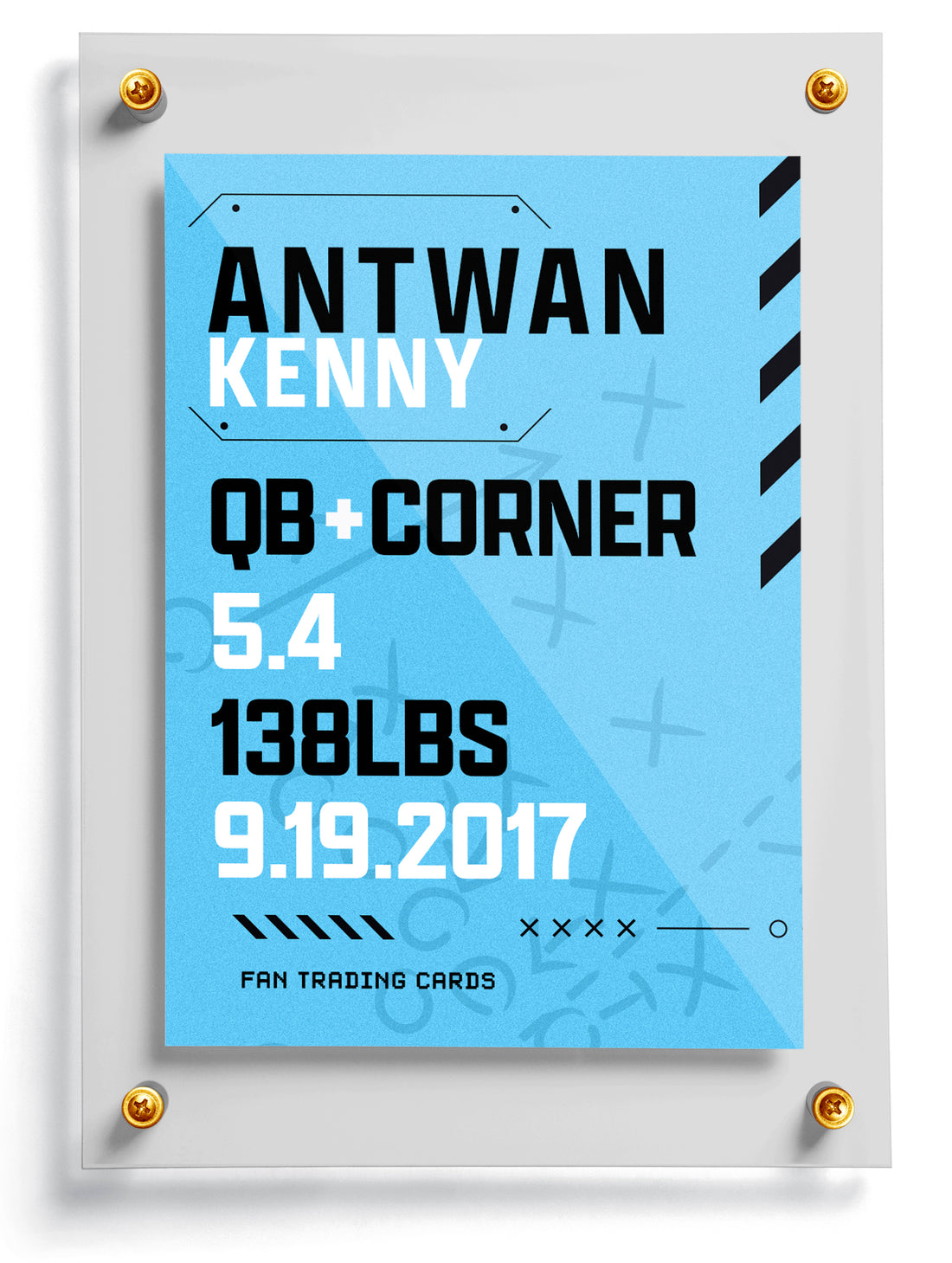 Youth football trading card template named Red Zone of a football player named Antwan Kenny on a sports-themed background