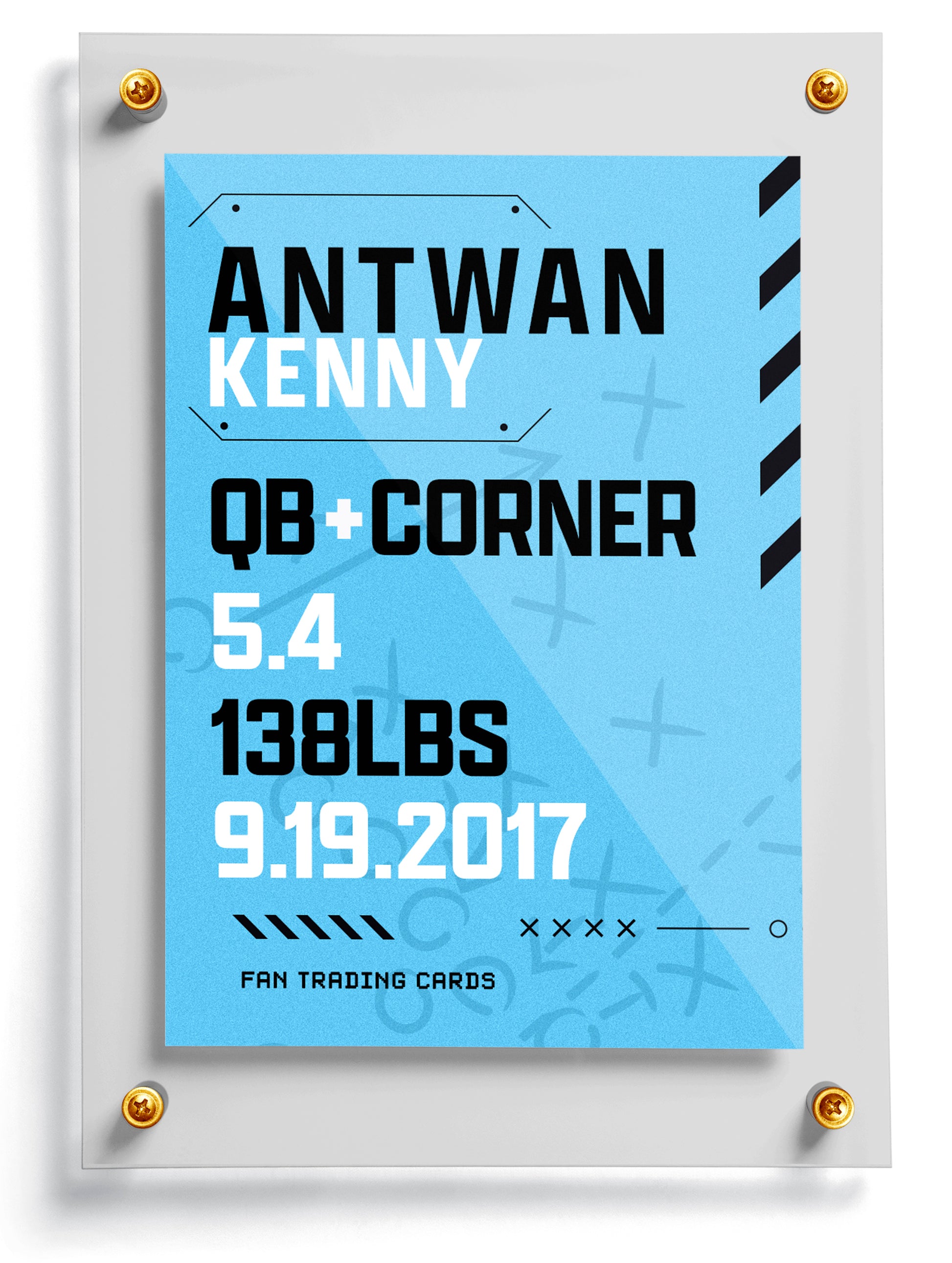 Youth football trading card template named Red Zone with player stats on a blue background