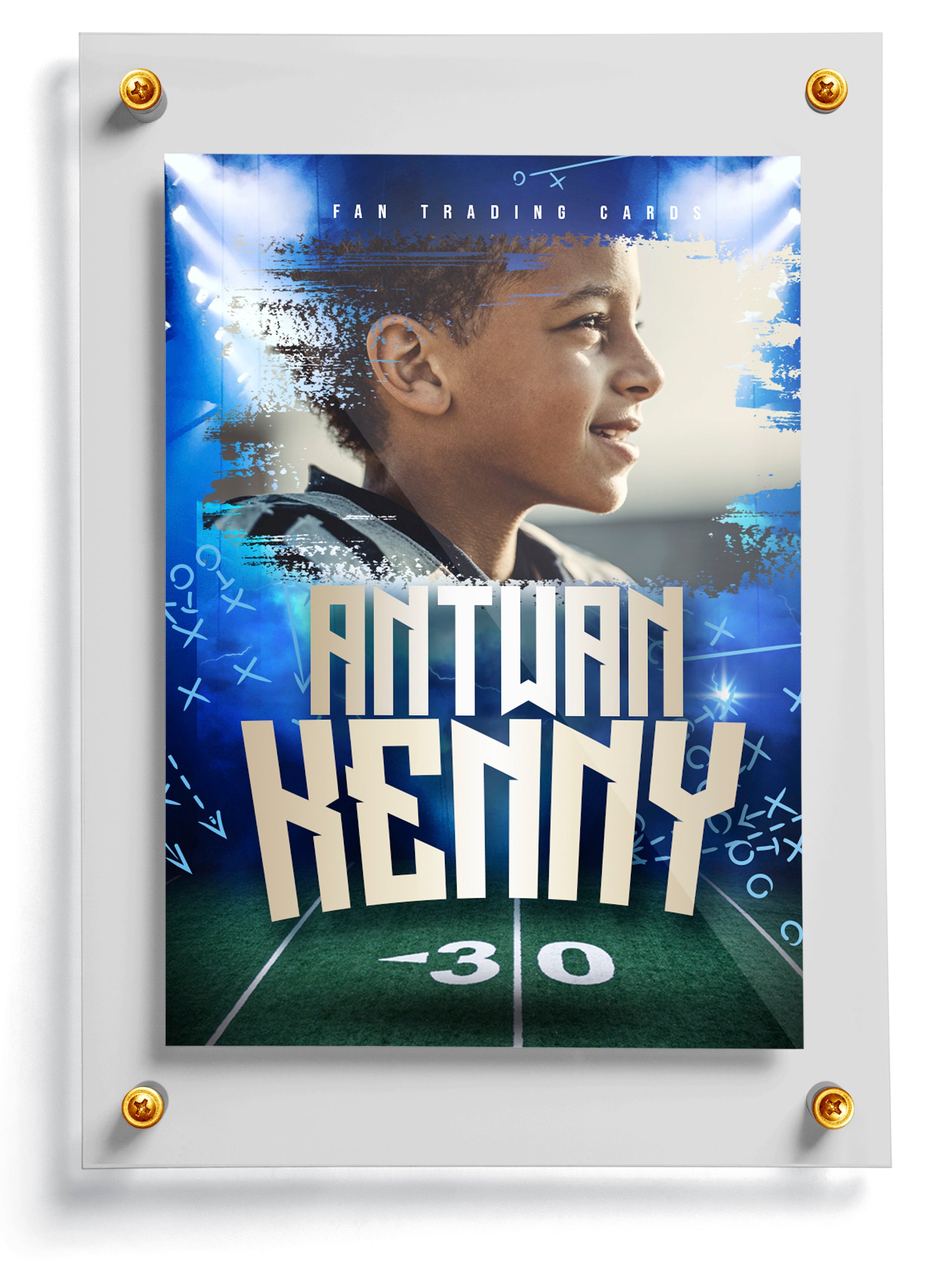 Youth football trading card template named Red Zone of a football player named Antwan Kenny on a sports-themed background