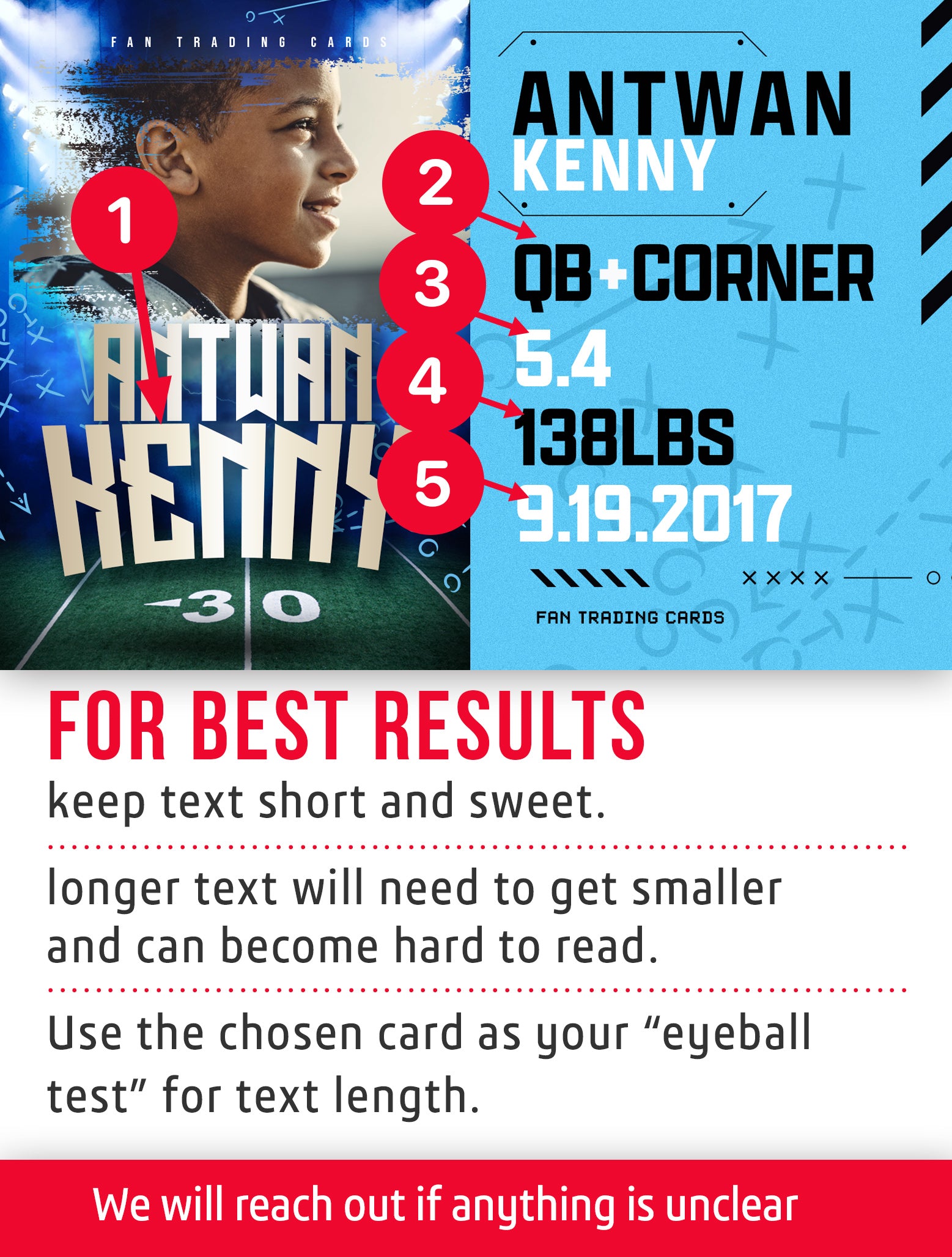 Youth football trading card template named Red Zone of Antwan Kenny with player information and a photo on a blue and red background.